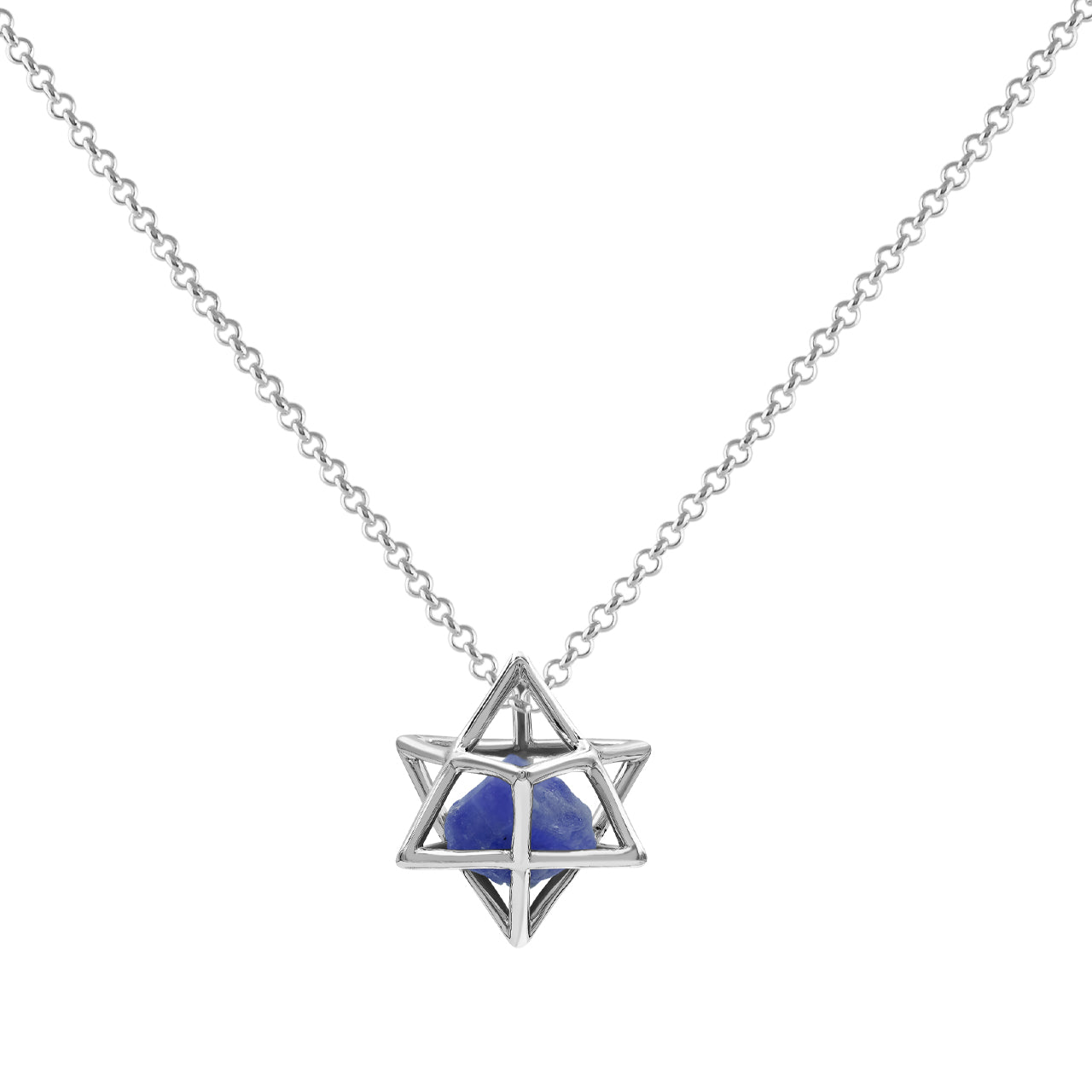 Starborn Natural Raw Tanzanite in Merkabah Sterling Silver Cage Pendant and Chain