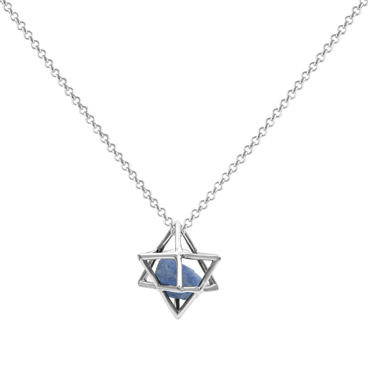 Starborn Natural Raw Tanzanite in Merkabah Sterling Silver Cage Pendant and Chain