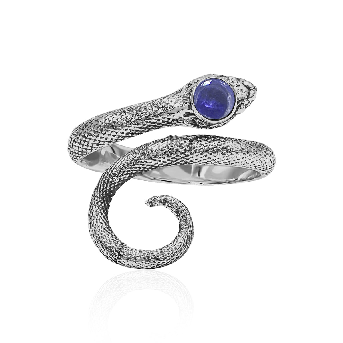 Starborn Coiled Snake Ring with Polished Tanzanite in Sterling Silver