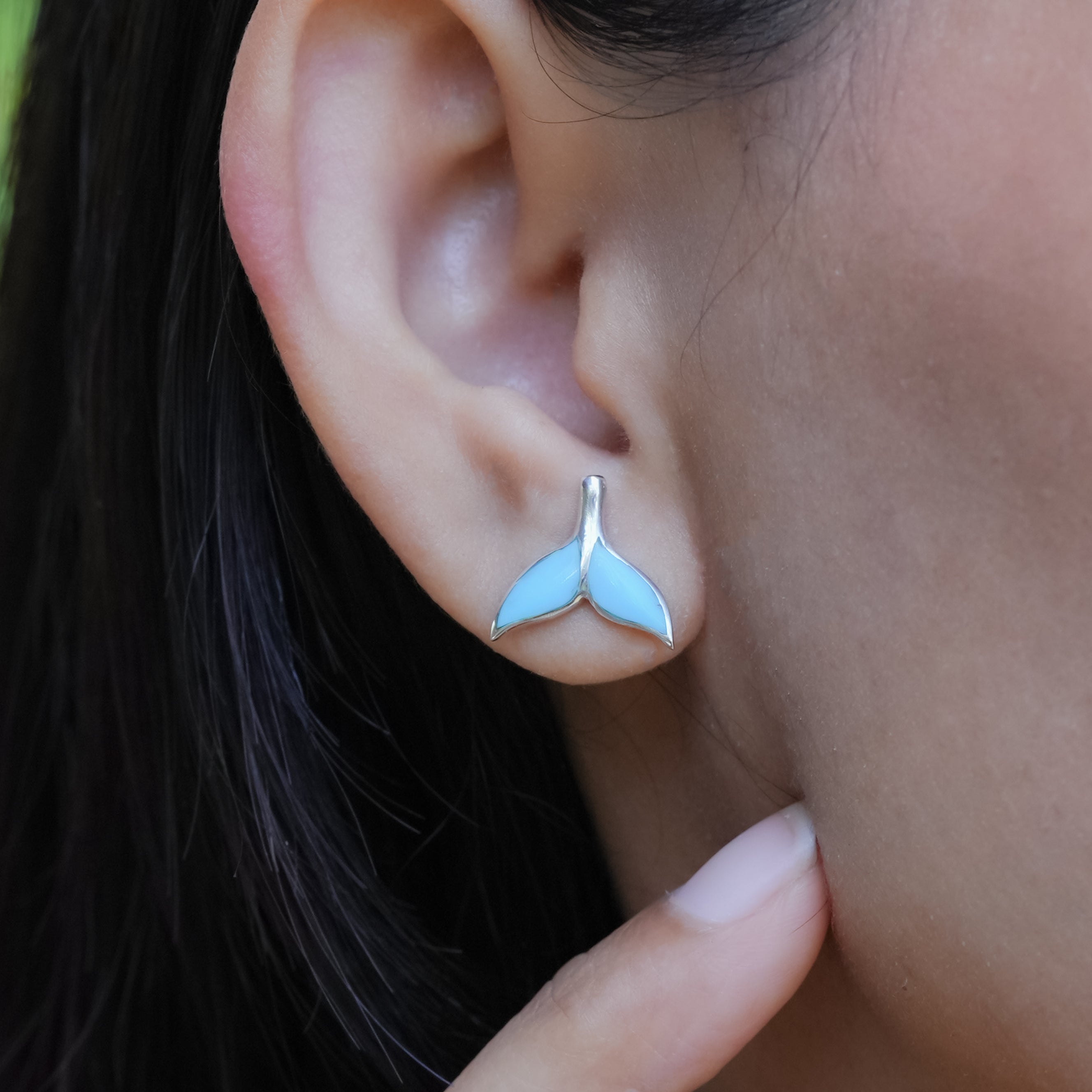 Starborn Whale Tail Gemstone Inlay Post Earrings in Sterling Silver - Extra Small