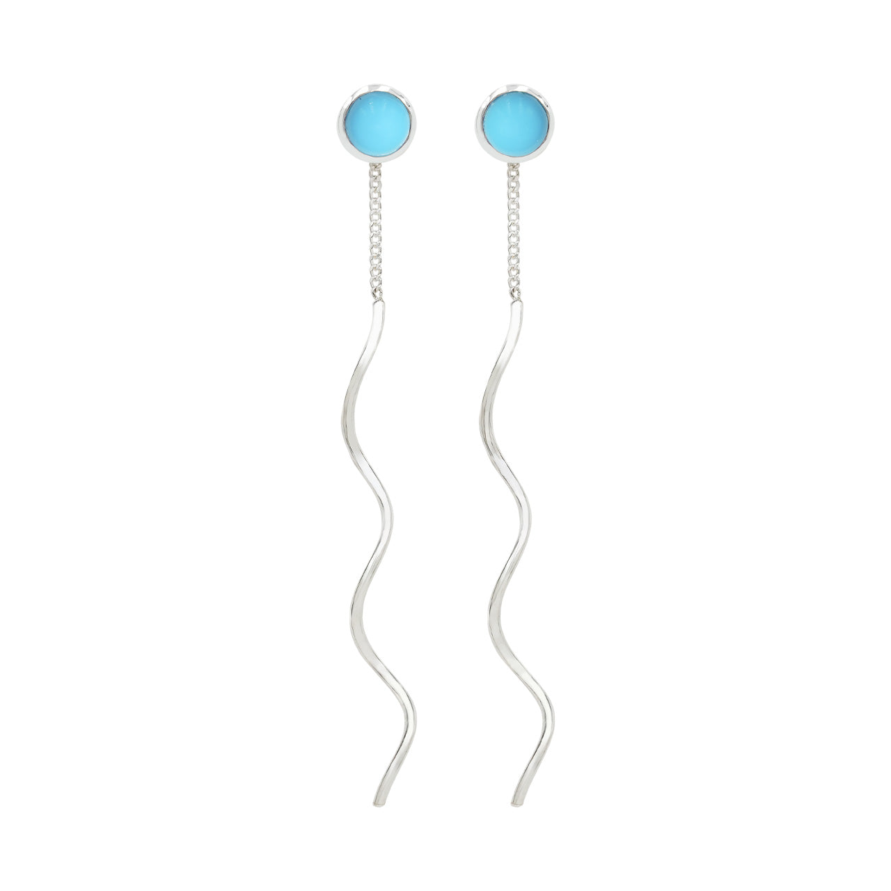 Starborn Polished Turquoise Stud Earrings with Flowing Curled Wire Drop in Sterling Silver
