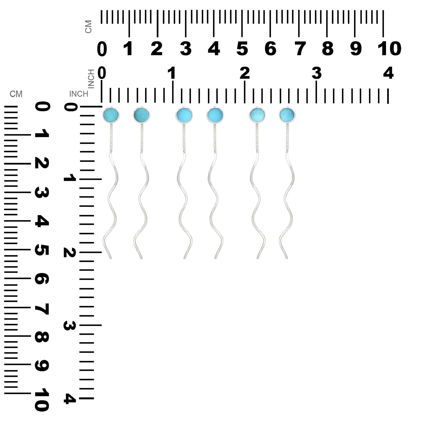 Starborn Polished Turquoise Stud Earrings with Flowing Curled Wire Drop in Sterling Silver