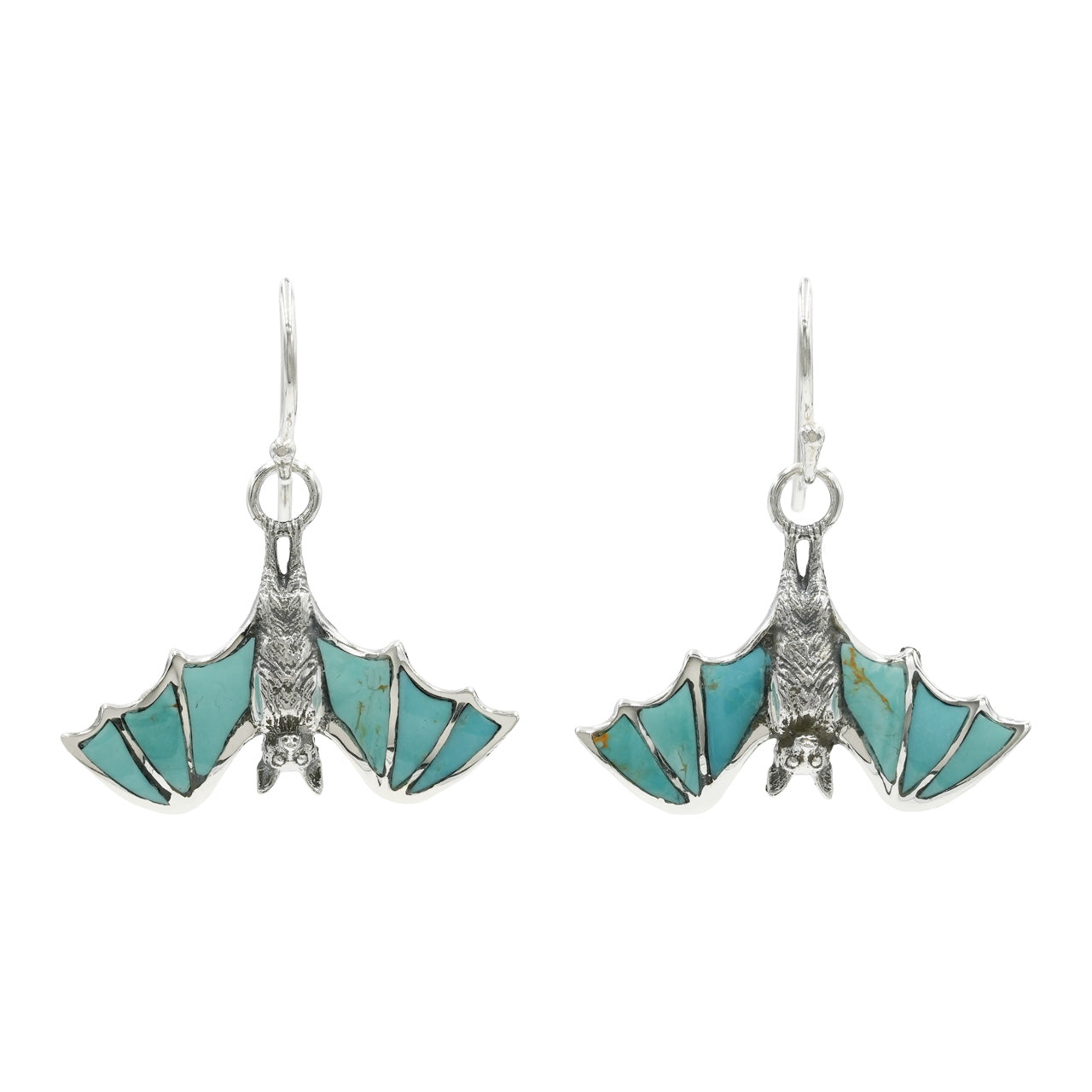 Starborn Turquoise Inlay Hanging Bat Dangle Earrings in Fine Sterling Silver