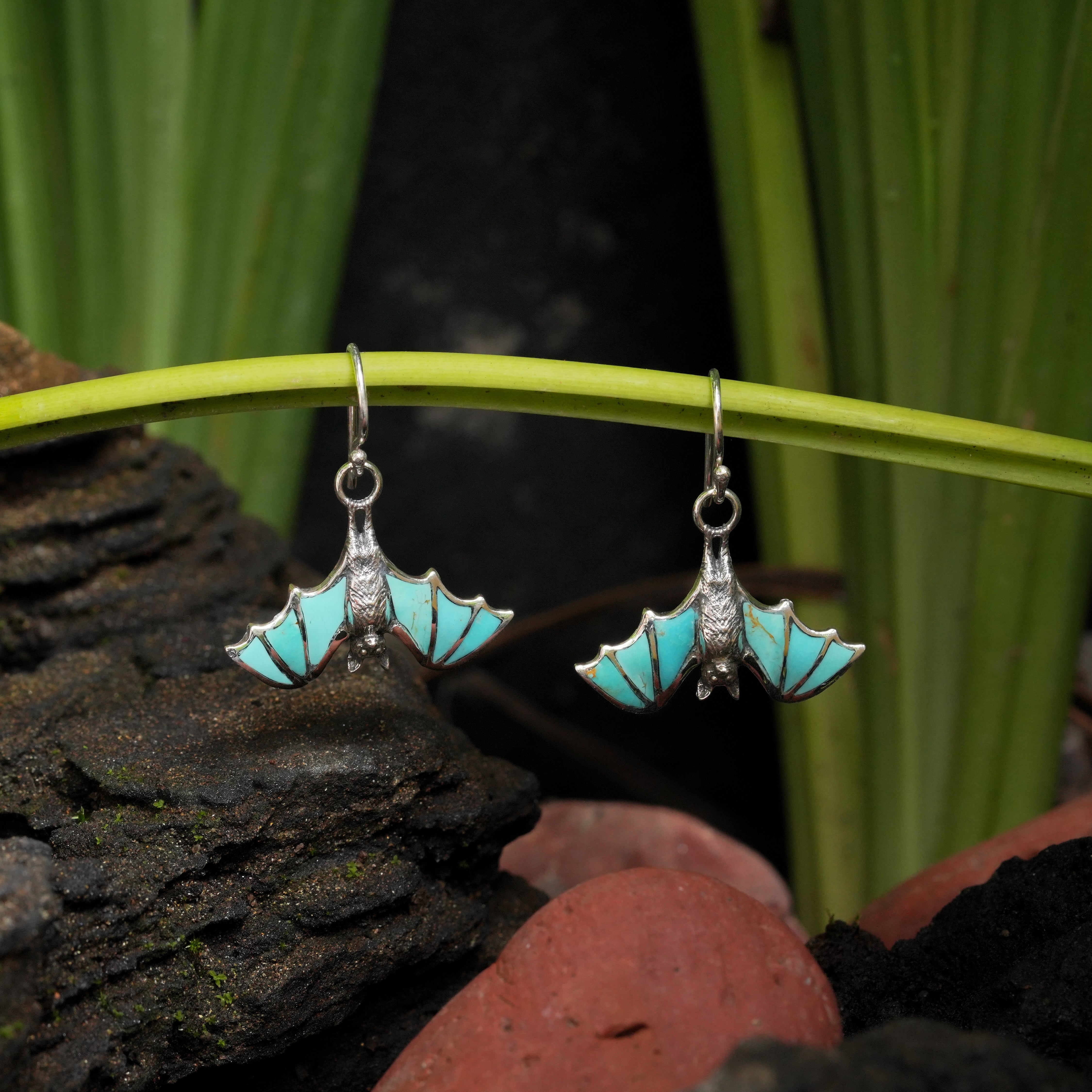 Starborn Turquoise Inlay Hanging Bat Dangle Earrings in Fine Sterling Silver