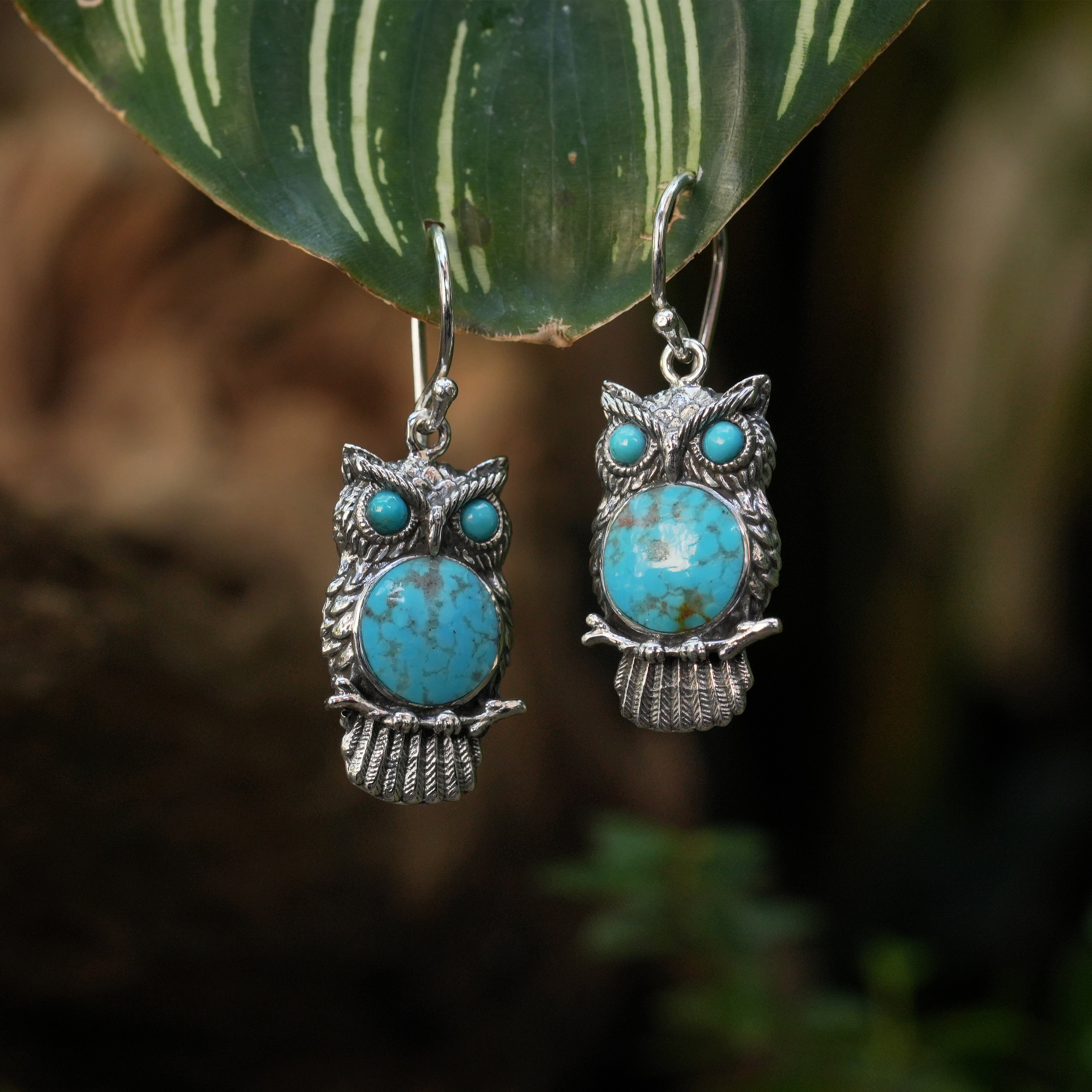 Starborn Turquoise Owl Dangle Earrings in Fine Sterling Silver