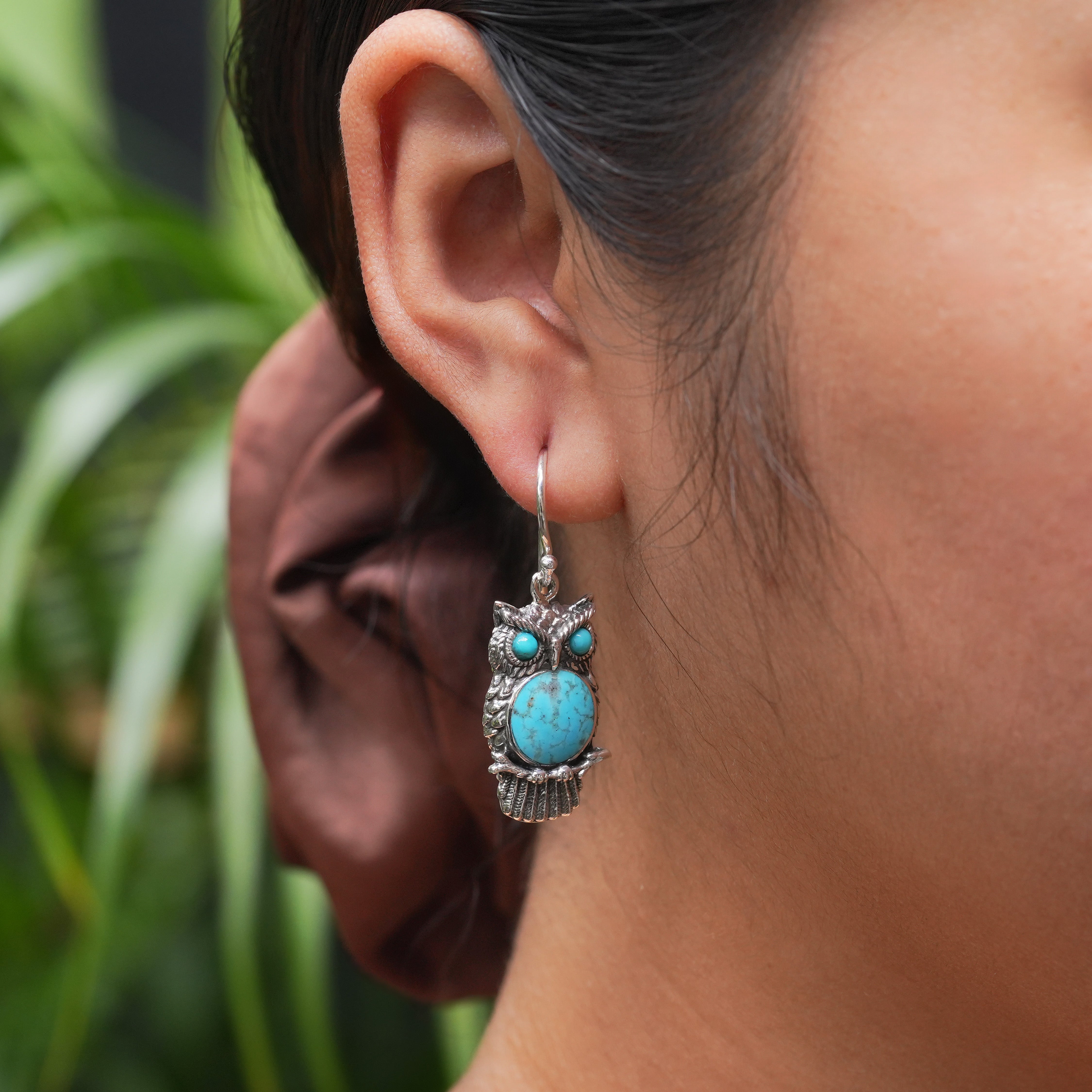 Starborn Turquoise Owl Dangle Earrings in Fine Sterling Silver