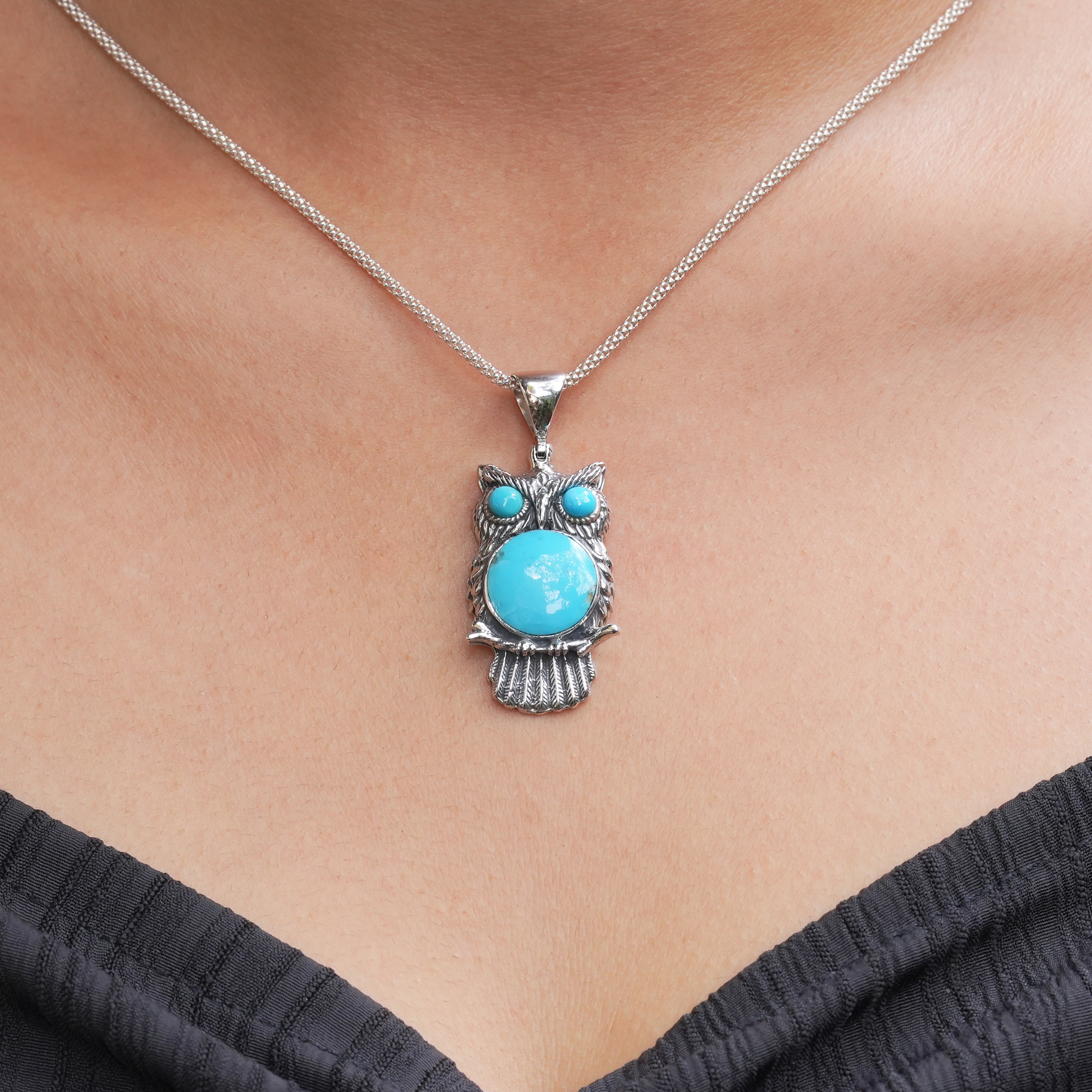 Starborn Turquoise Owl Pendant in Sterling Silver