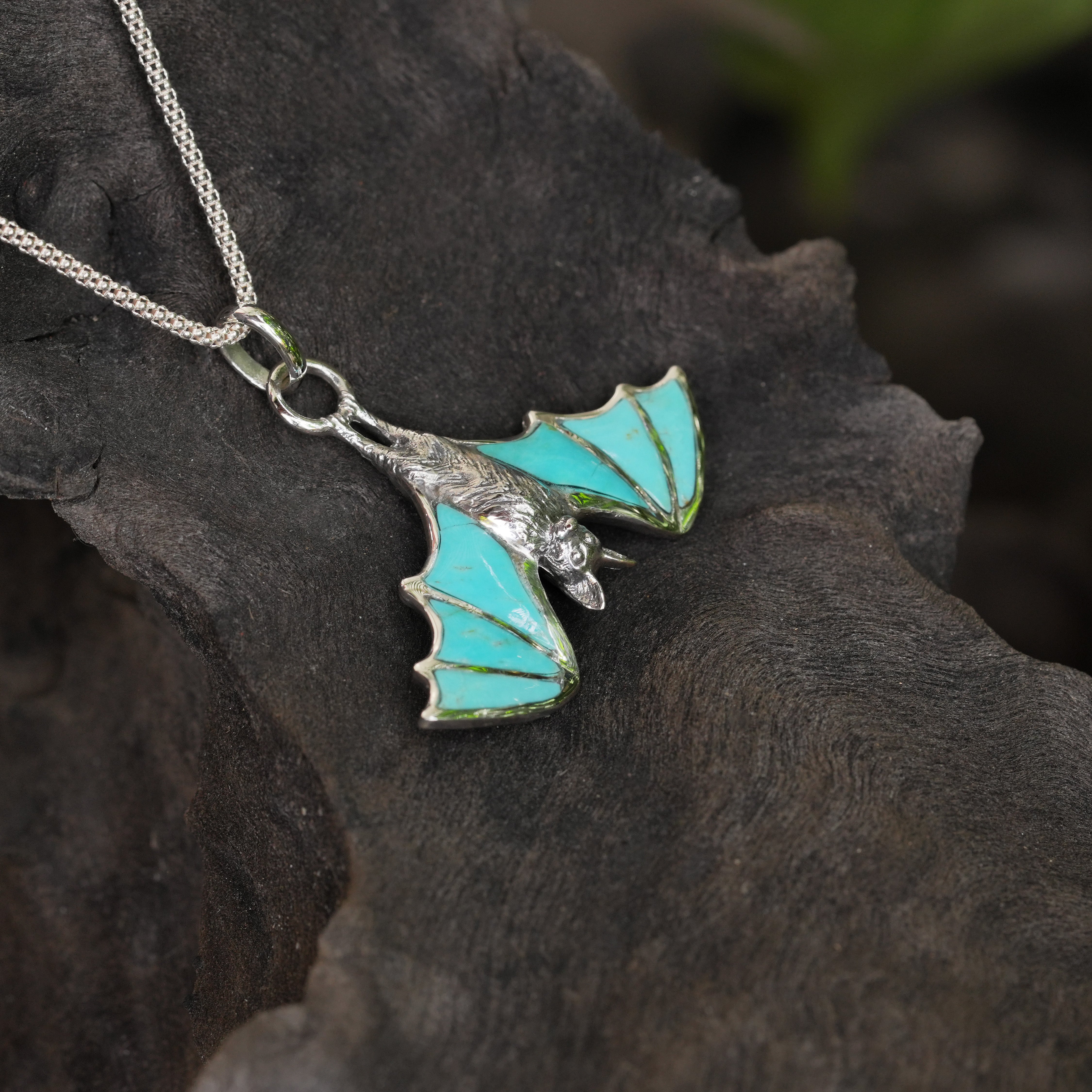 Starborn Turquoise Hanging Bat Pendant in Sterling Silver