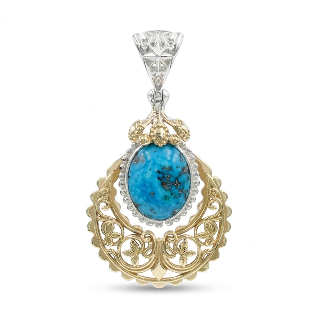 Starborn Persian Turquoise Floral Filigree Scrollwork Pendant in Sterling Silver & Nordic Gold