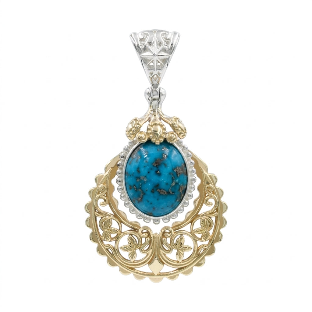 Starborn Persian Turquoise Floral Filigree Scrollwork Pendant in Sterling Silver & Nordic Gold