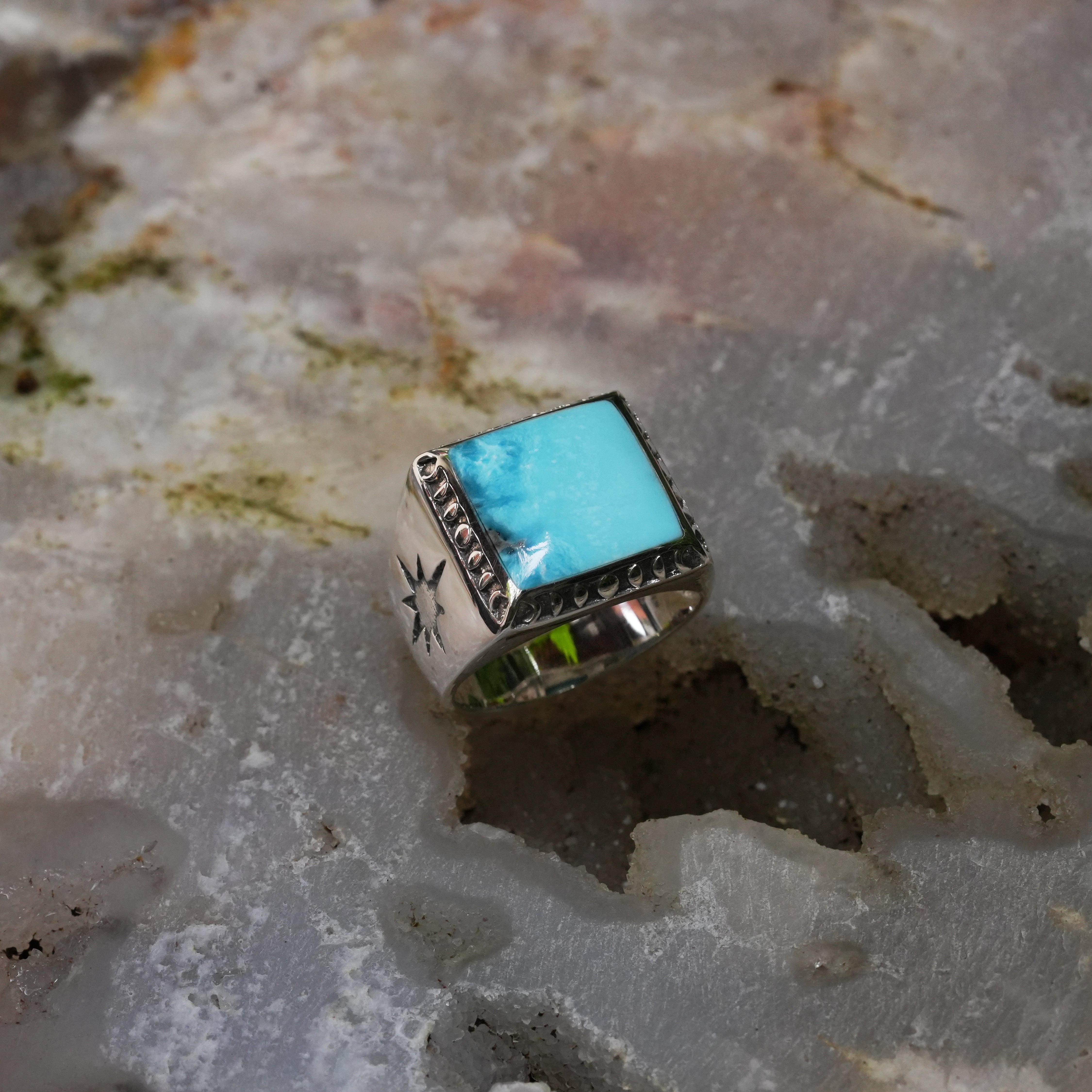 Starborn Persian Turquoise Square Men's Ring with Octagram in Sterling Silver