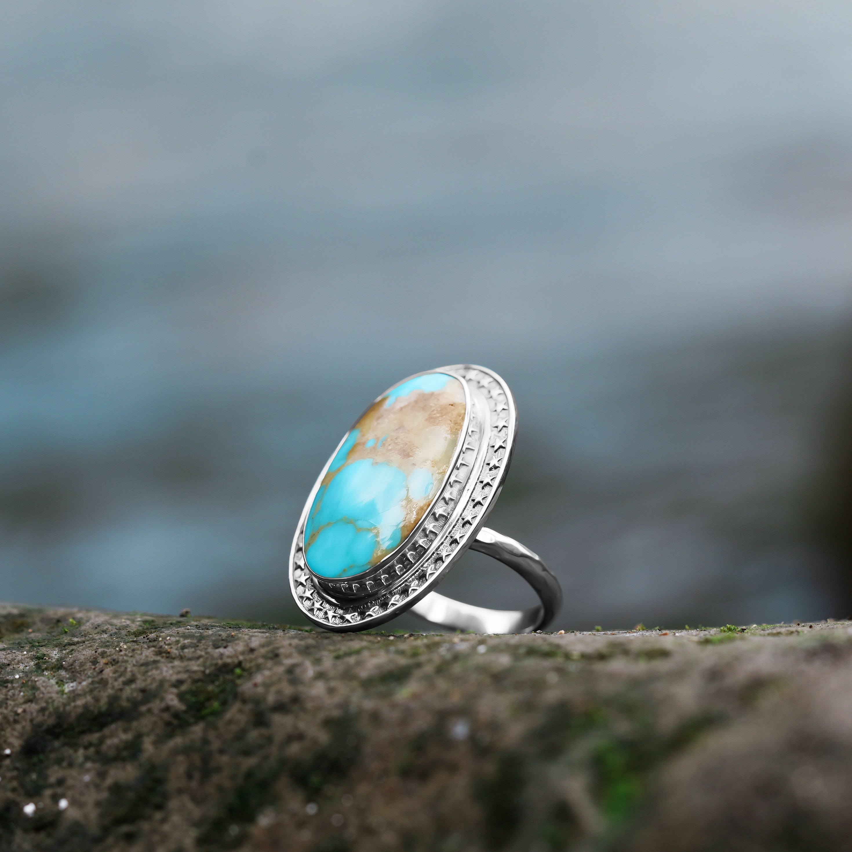 Starborn New Arizona Turquoise Ring with Stars Frame Design in Sterling Silver Silver