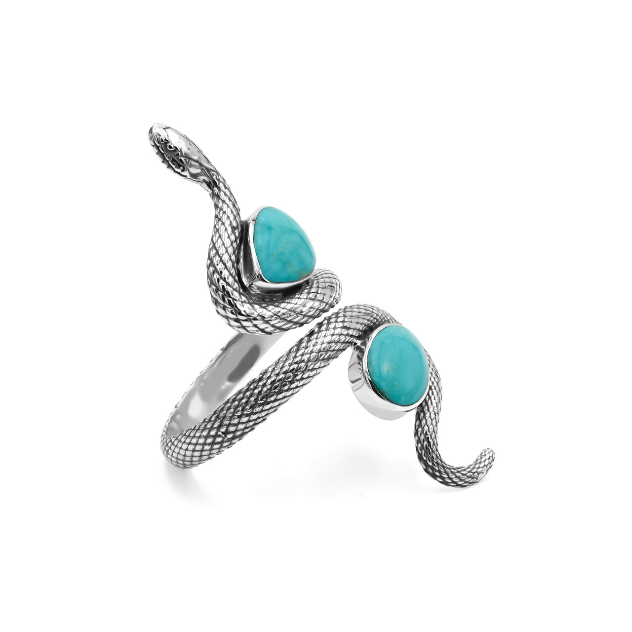 Starborn Coiled Snake Ring with Dual Turquoise in Sterling Silver