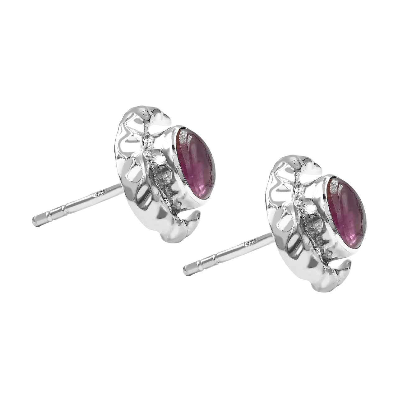 Starborn Tourmaline 6mm Oval Cabochon Post Style Earrings with Hammered Crescent Accent in Sterling Silver