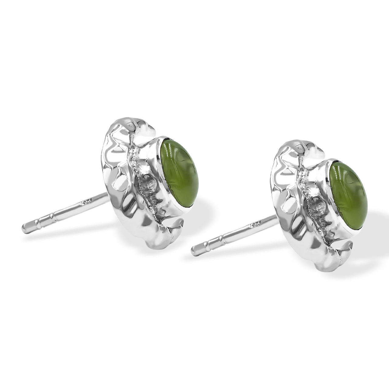Starborn Tourmaline 6mm Oval Cabochon Post Style Earrings with Hammered Crescent Accent in Sterling Silver