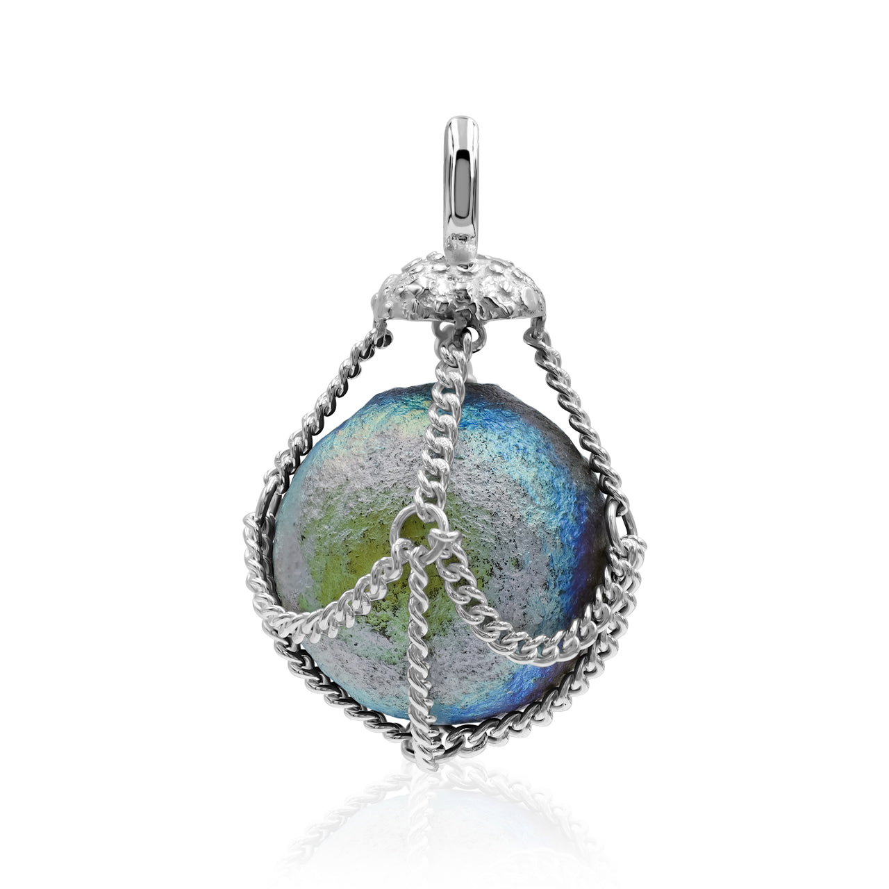 Starborn Unicorn Chalcedony Sphere Chain Basket Pendant in Sterling Silver