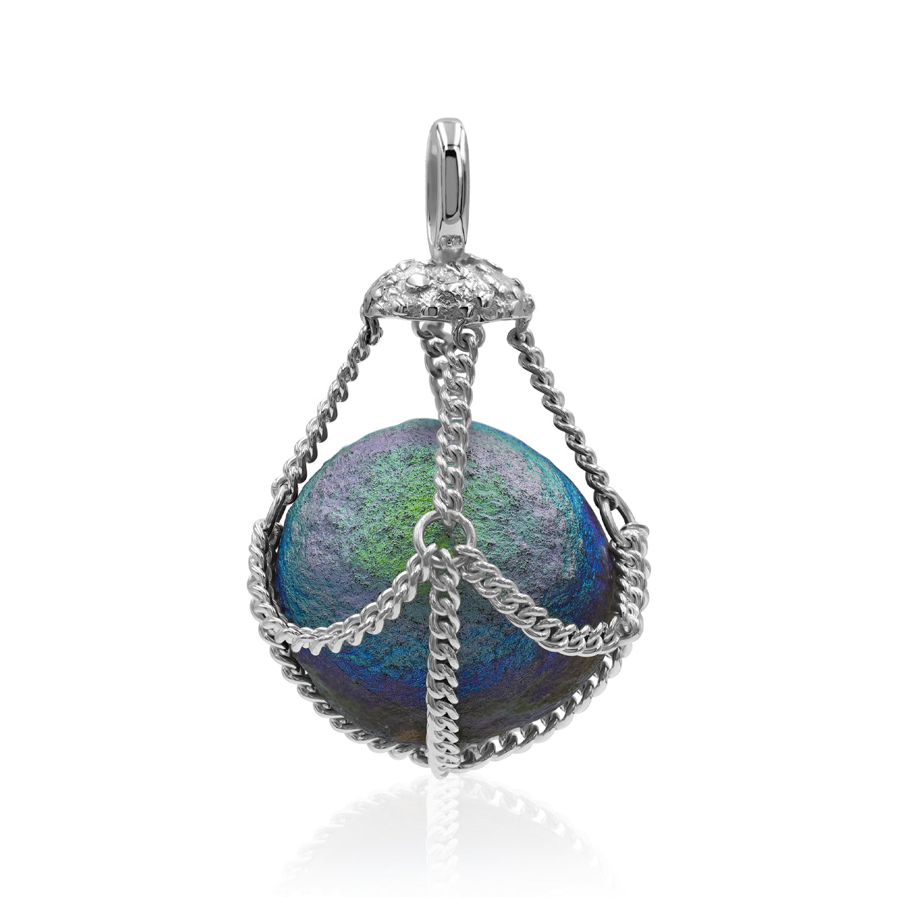 Starborn Unicorn Chalcedony Sphere Chain Basket Pendant in Sterling Silver