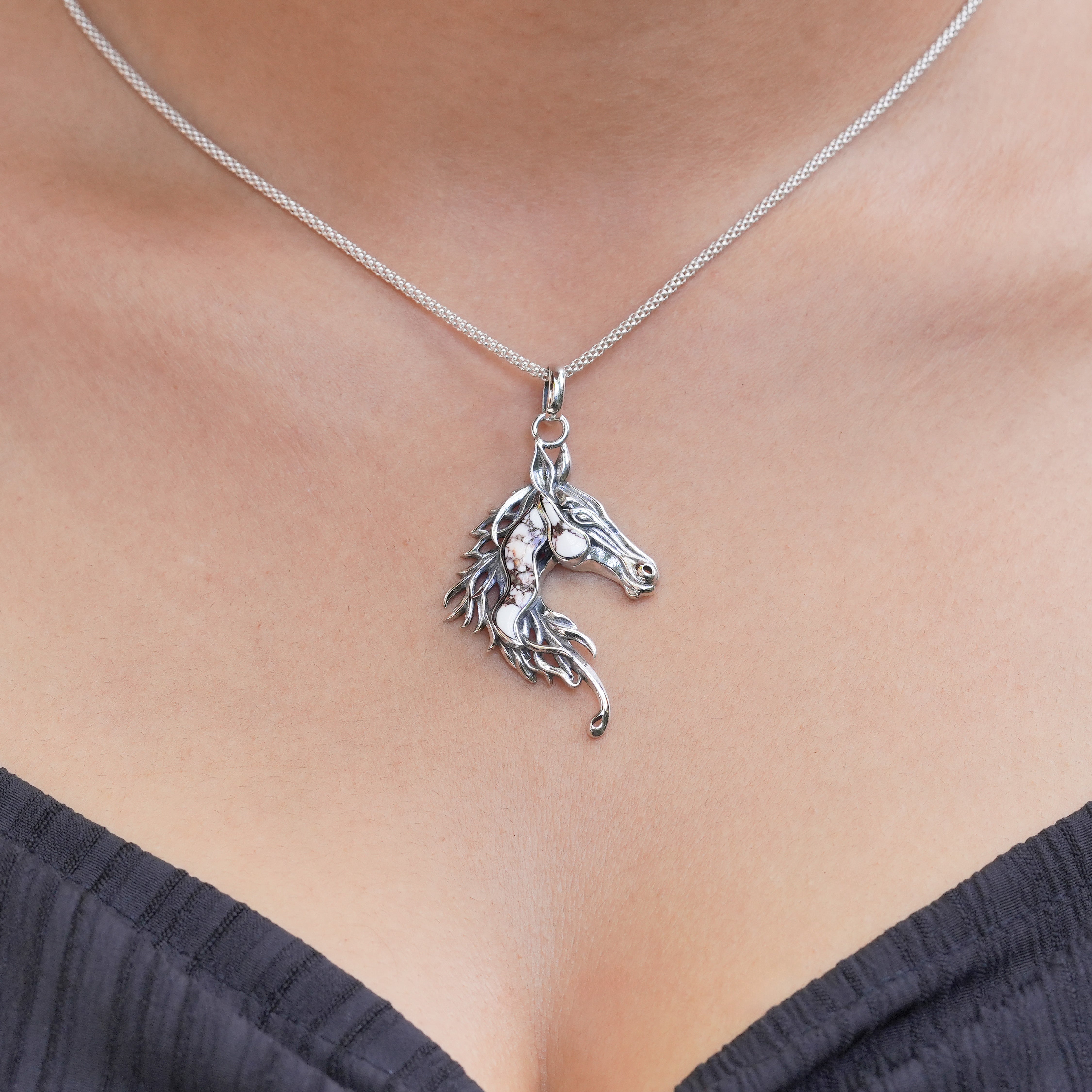 Starborn Horse Head Pendant with Wild Horse Inlay in Sterling Silver