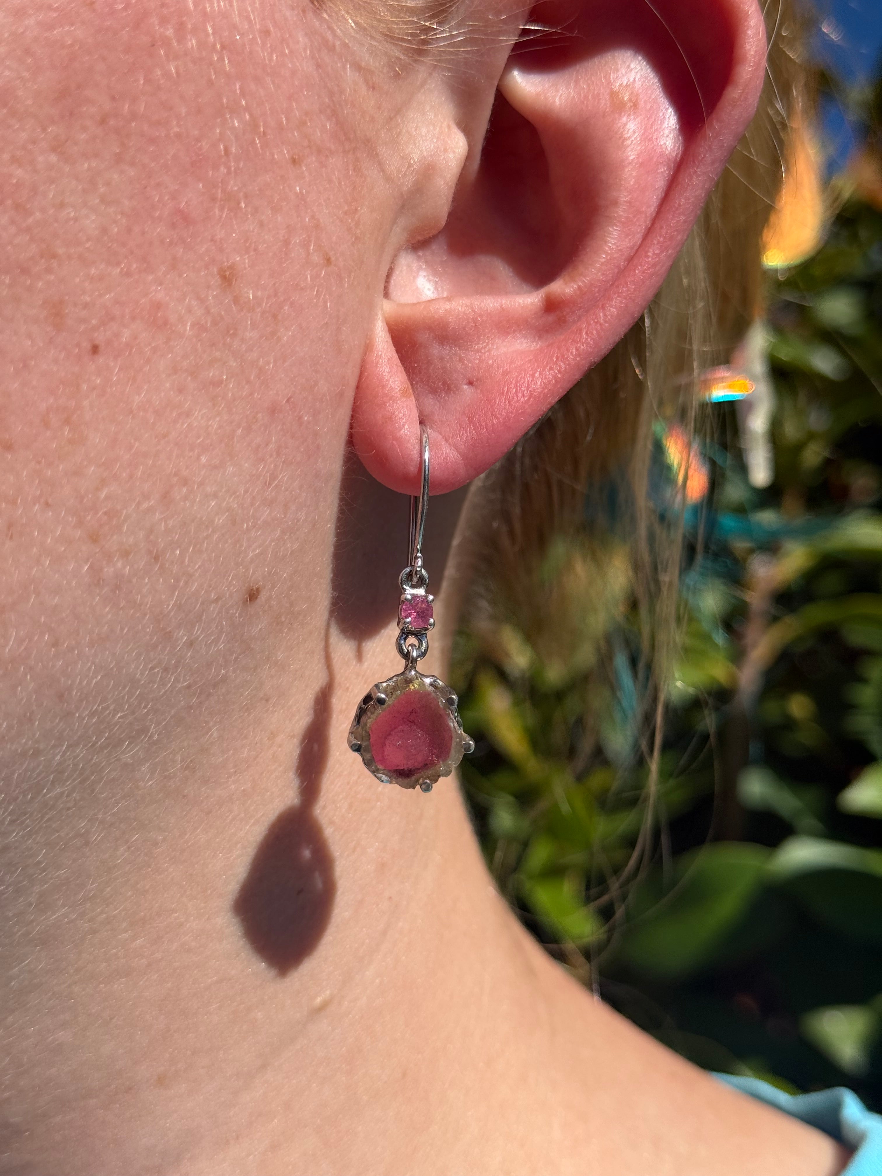 Starborn Watermelon Tourmaline Slice Dangle Earrings in Sterling Silver