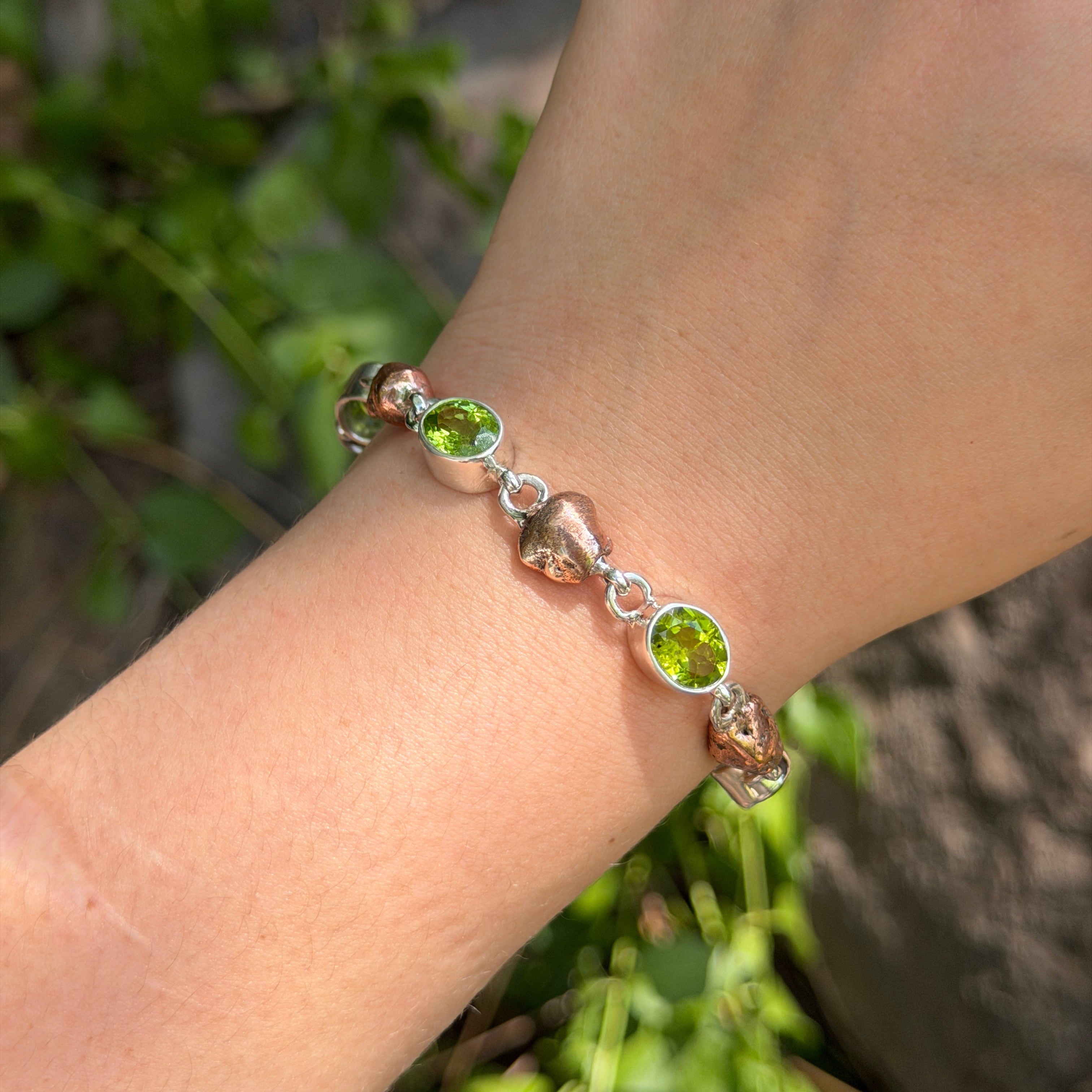 Starborn Peridot + Copper Nugget Bracelet in Sterling Silver