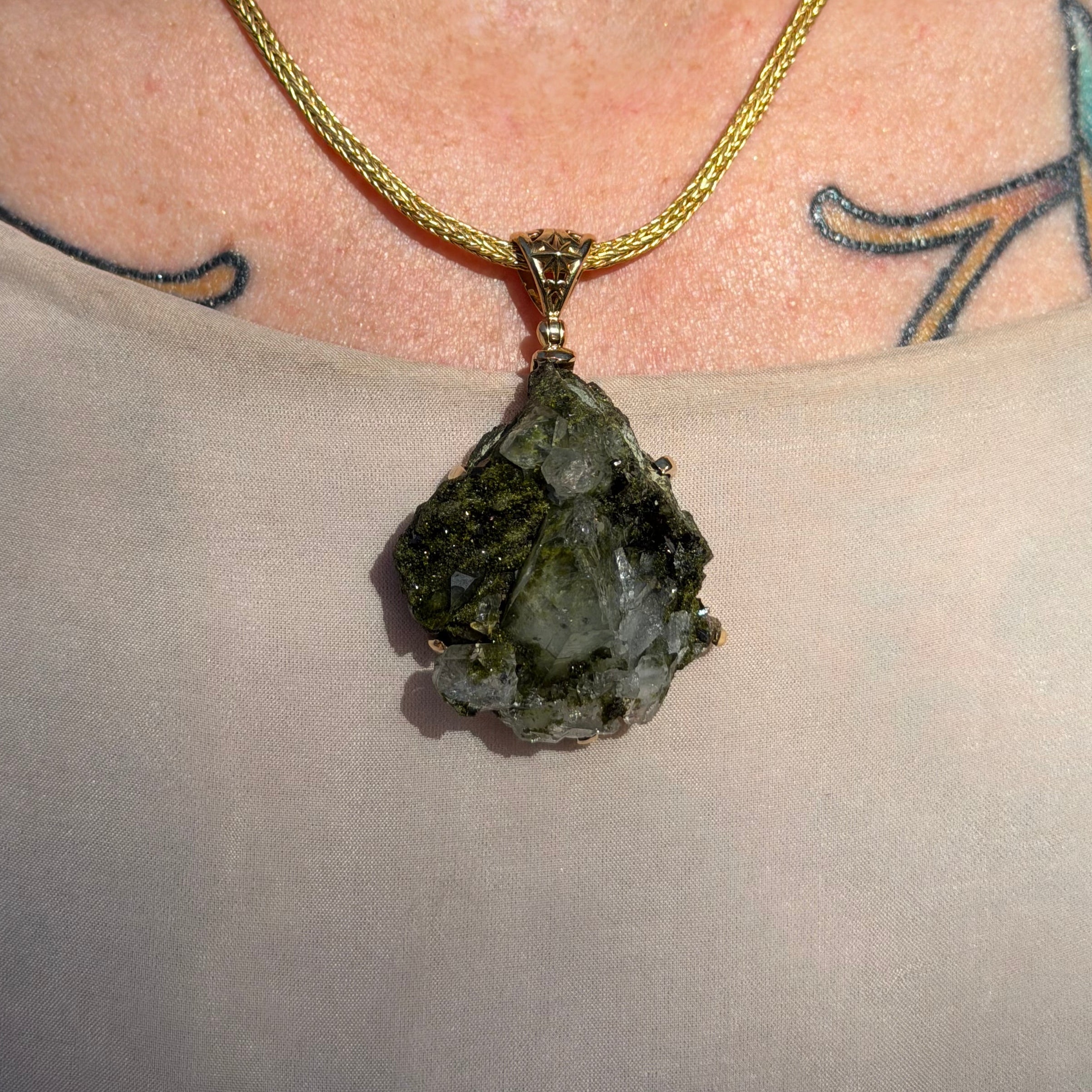 Starborn Fairy Forest Epidote Quartz Pendant in Nordic Gold