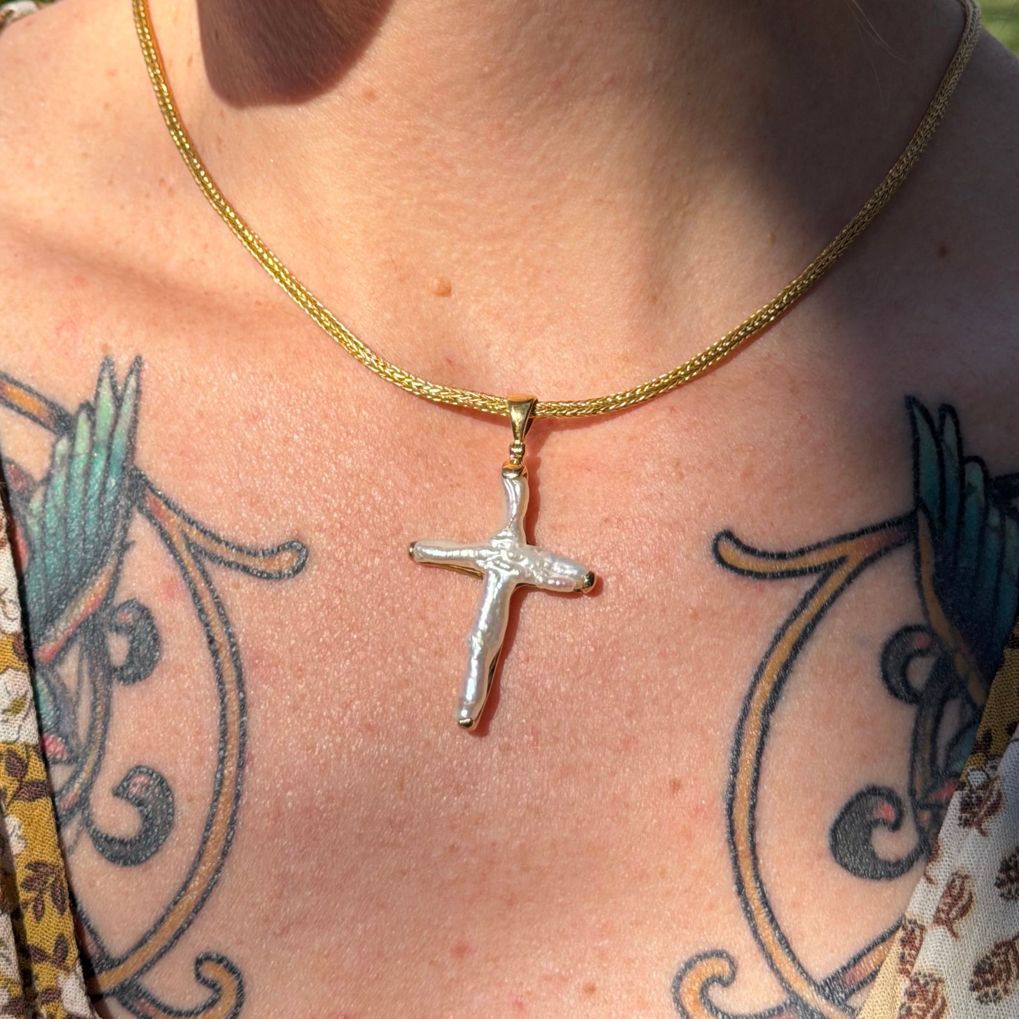 Starborn Cross Shaped Pearl Pendant in Nordic Gold