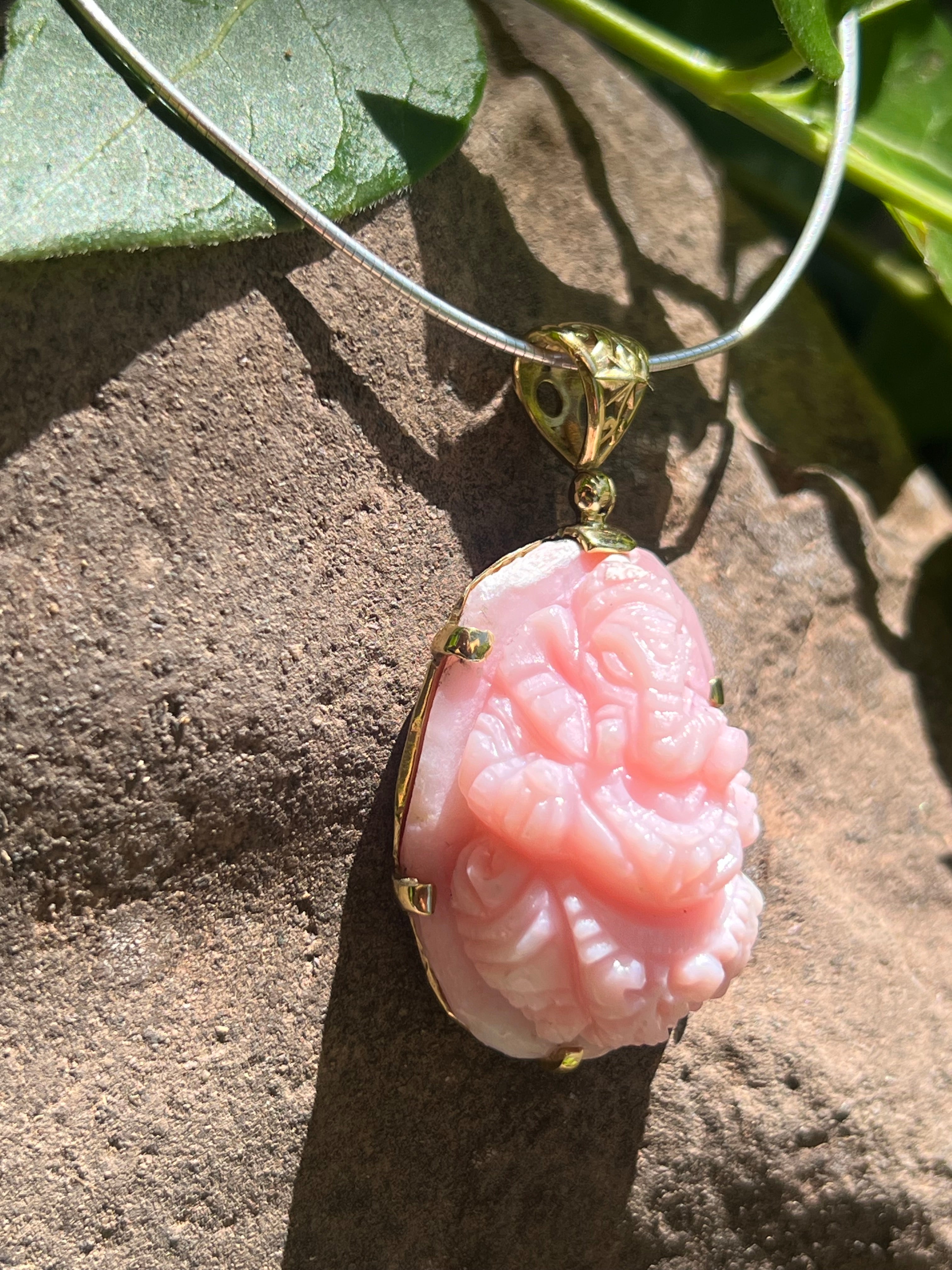 Starborn Pink Opal Ganesha Pendant in Nordic Gold