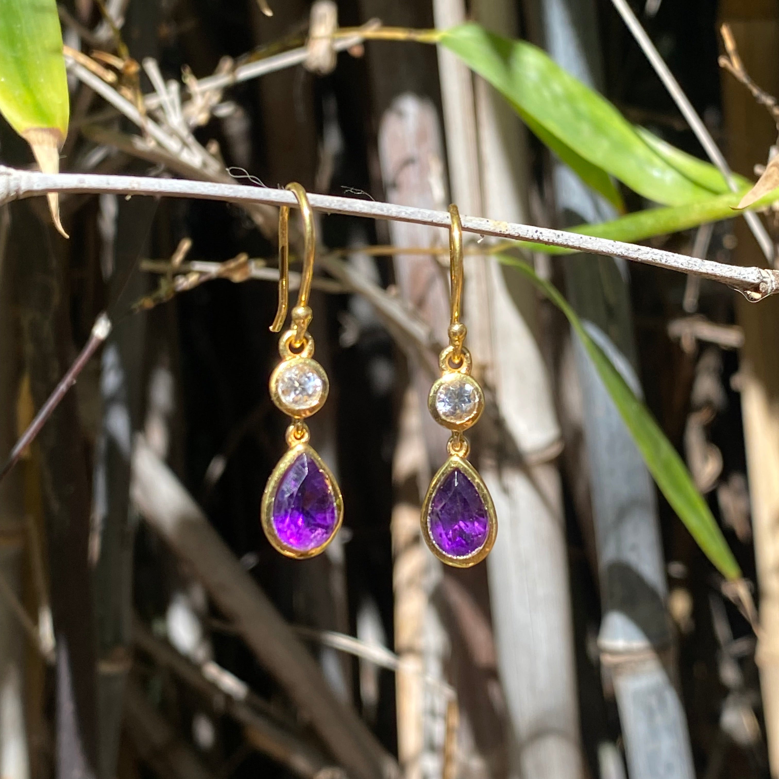 Starborn Faceted Amethyst and White Topaz Dangle Earrings in Gold Micron