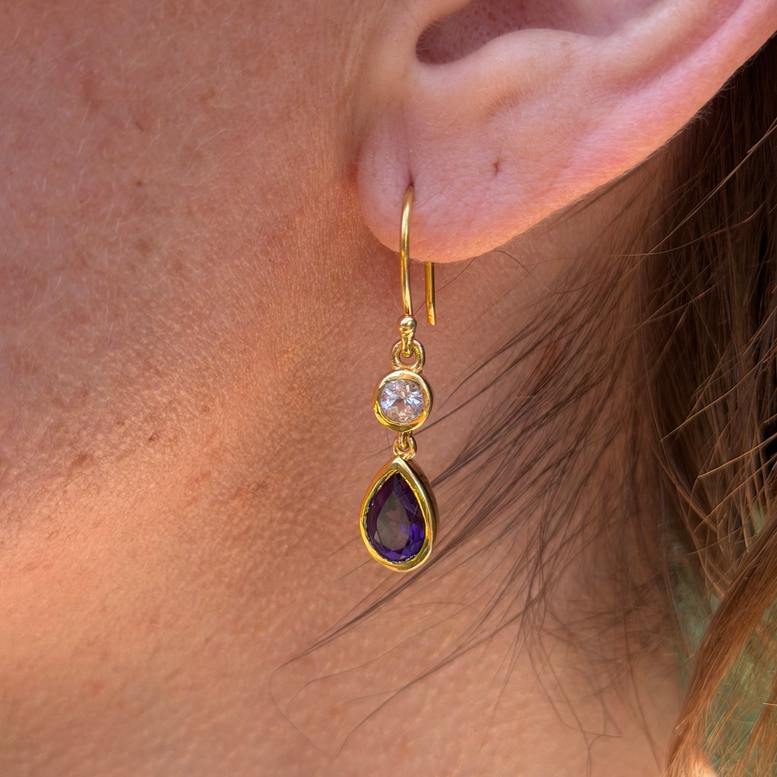 Starborn Faceted Amethyst and White Topaz Dangle Earrings in Gold Micron