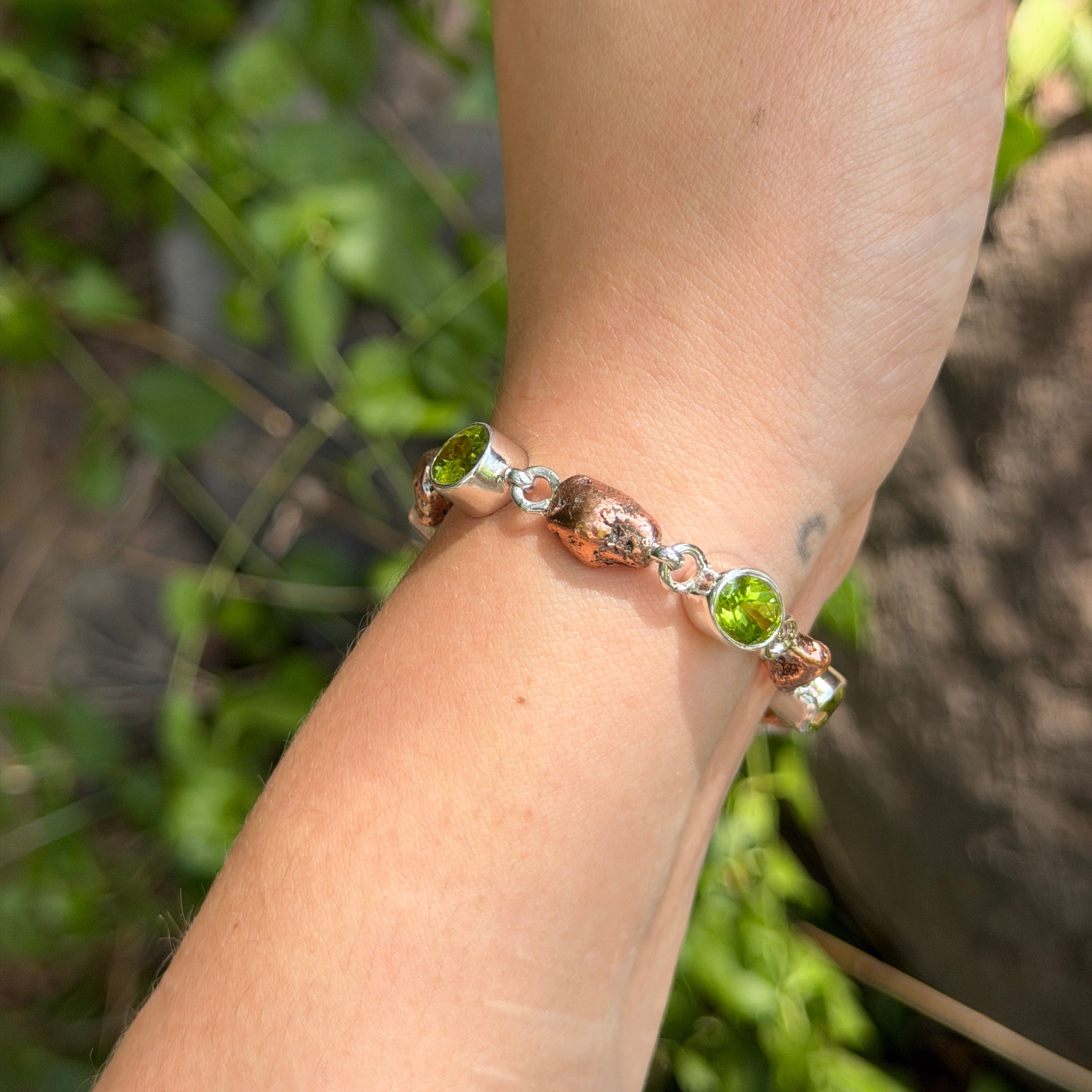 Starborn Peridot + Copper Nugget Bracelet in Sterling Silver