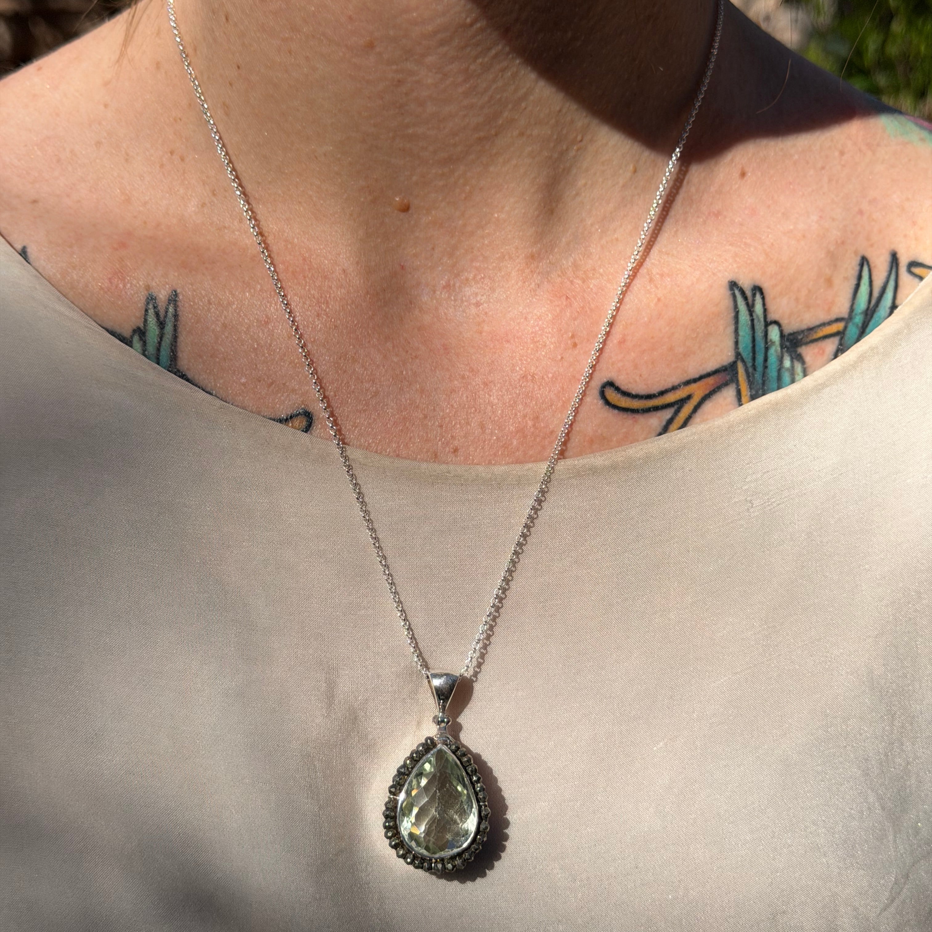 Prasiolite Green Amethyst Pendant in Sterling Silver with Pyrite Beaded Bezel