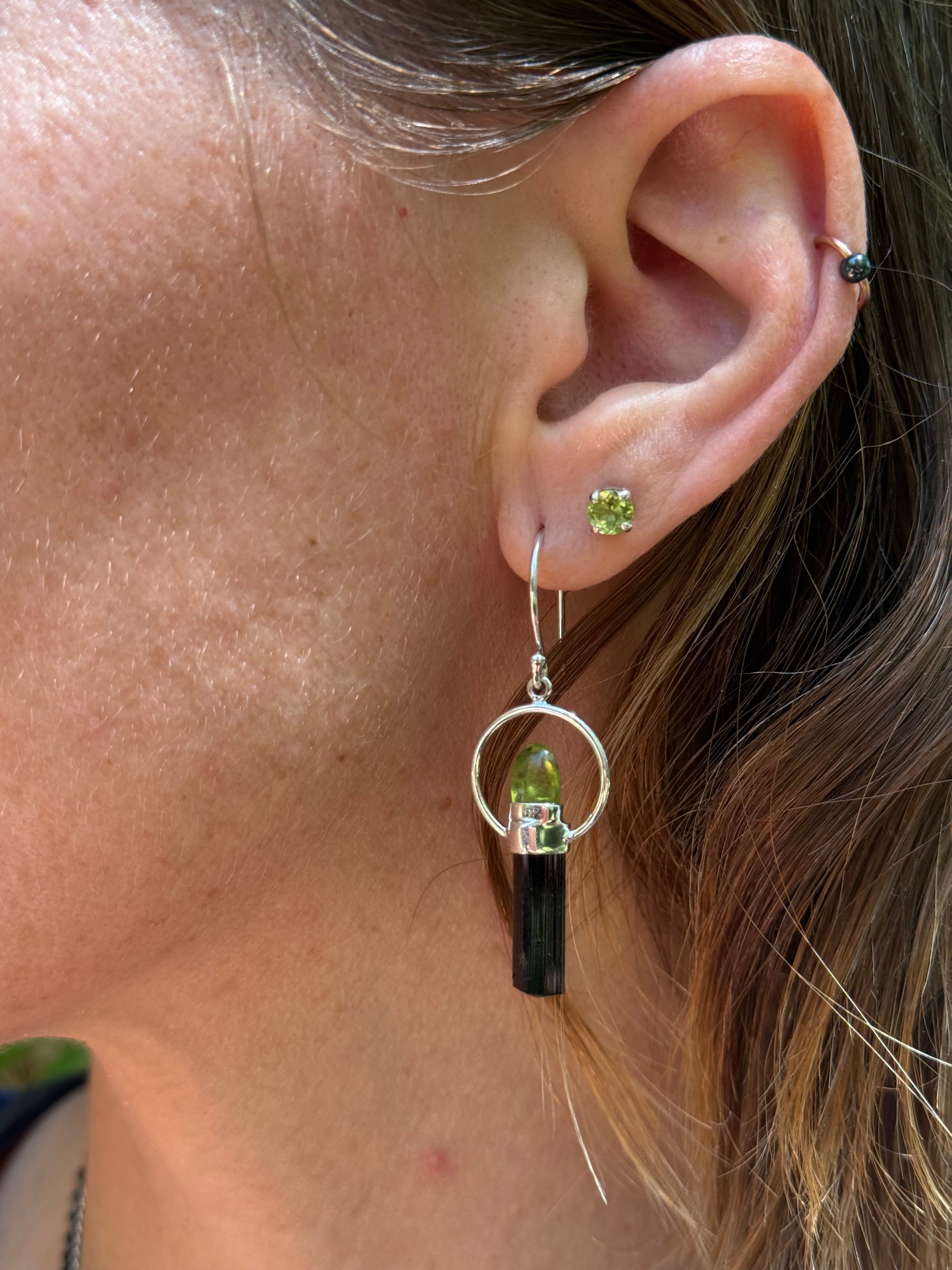 Starborn Peridot + Black Tourmaline Dangle Earrings in Sterling Silver