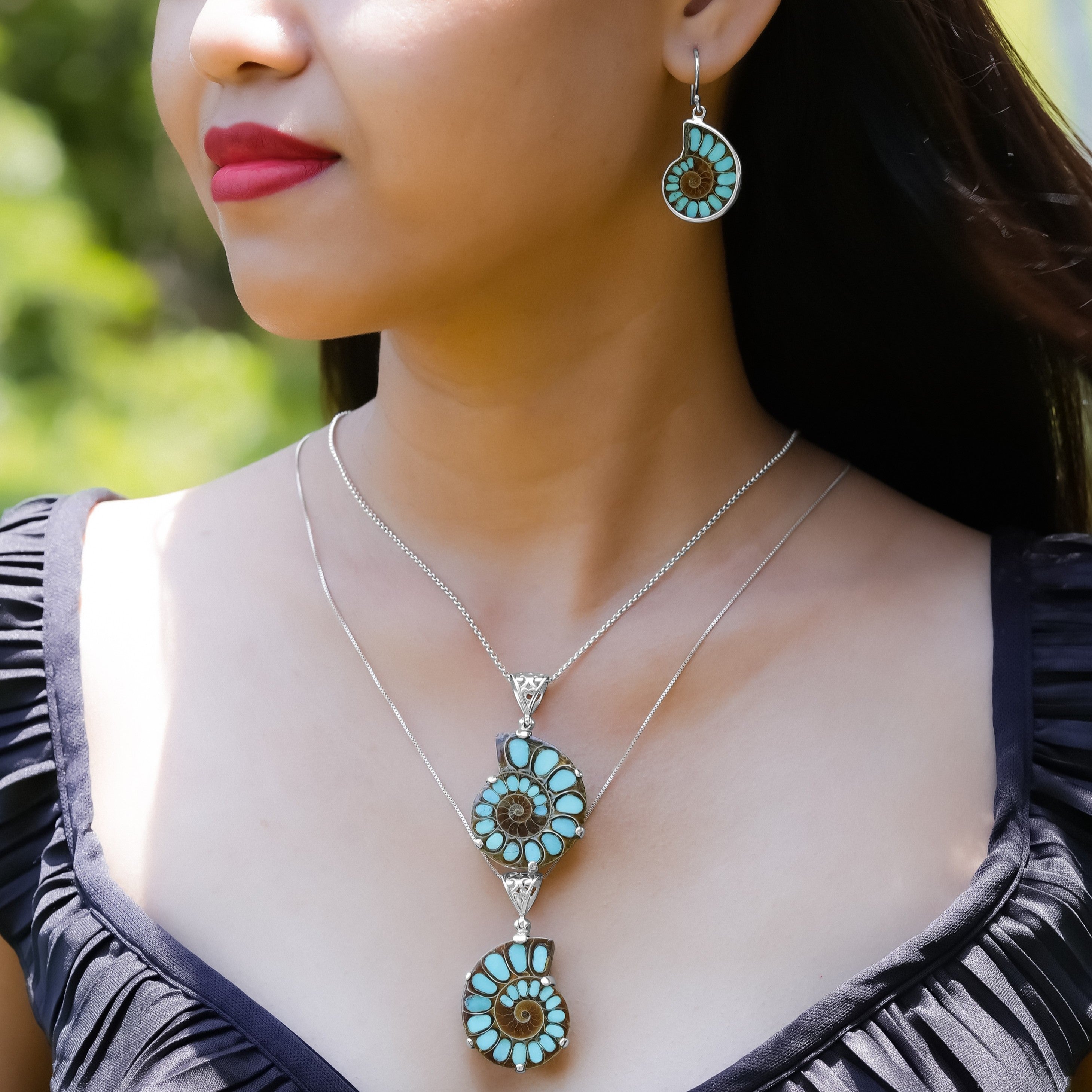 Starborn Ammonite with Turquoise Inlay Earrings in Sterling Silver