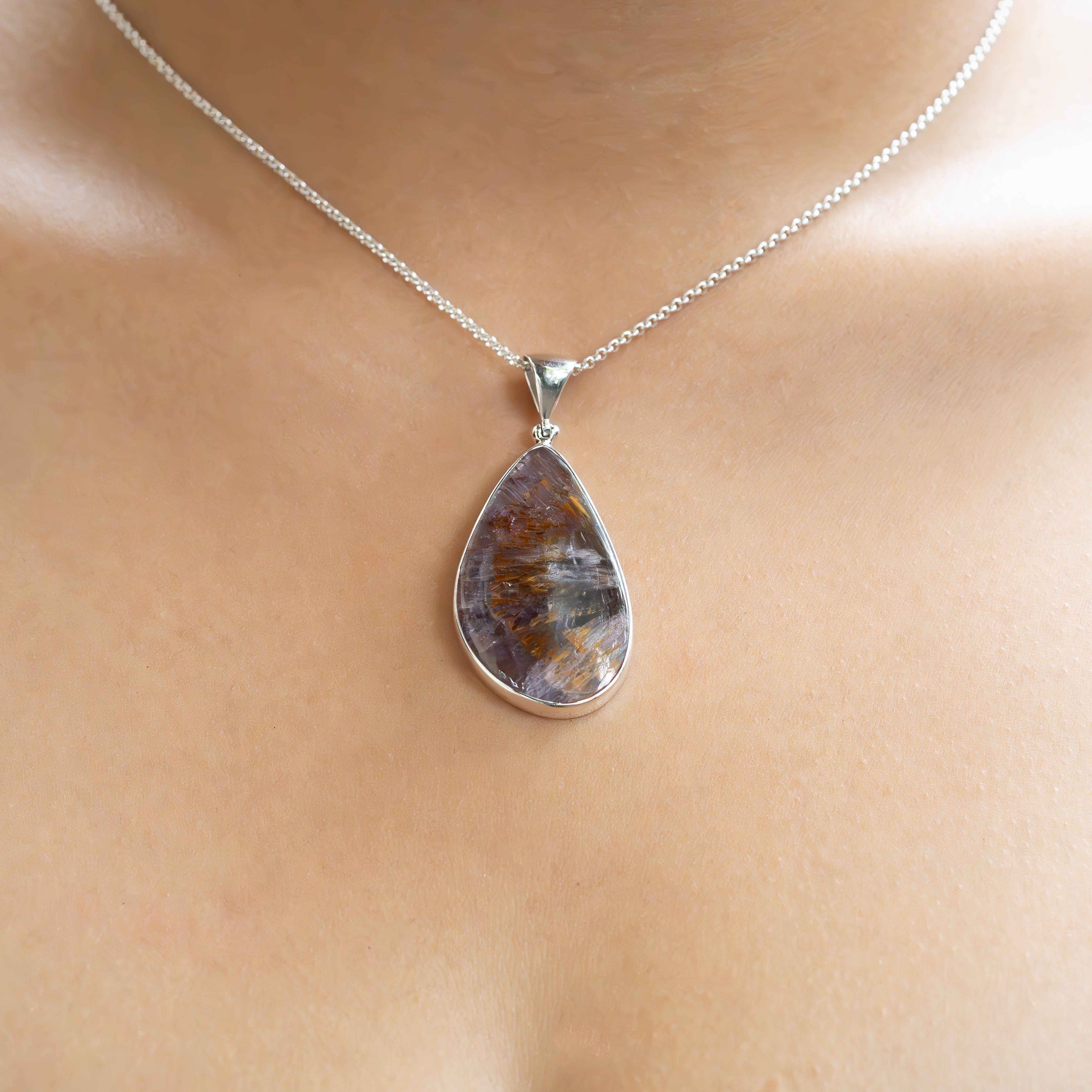 Starborn Amethyst Cacoxenite Freeform Pendant in Sterling Silver