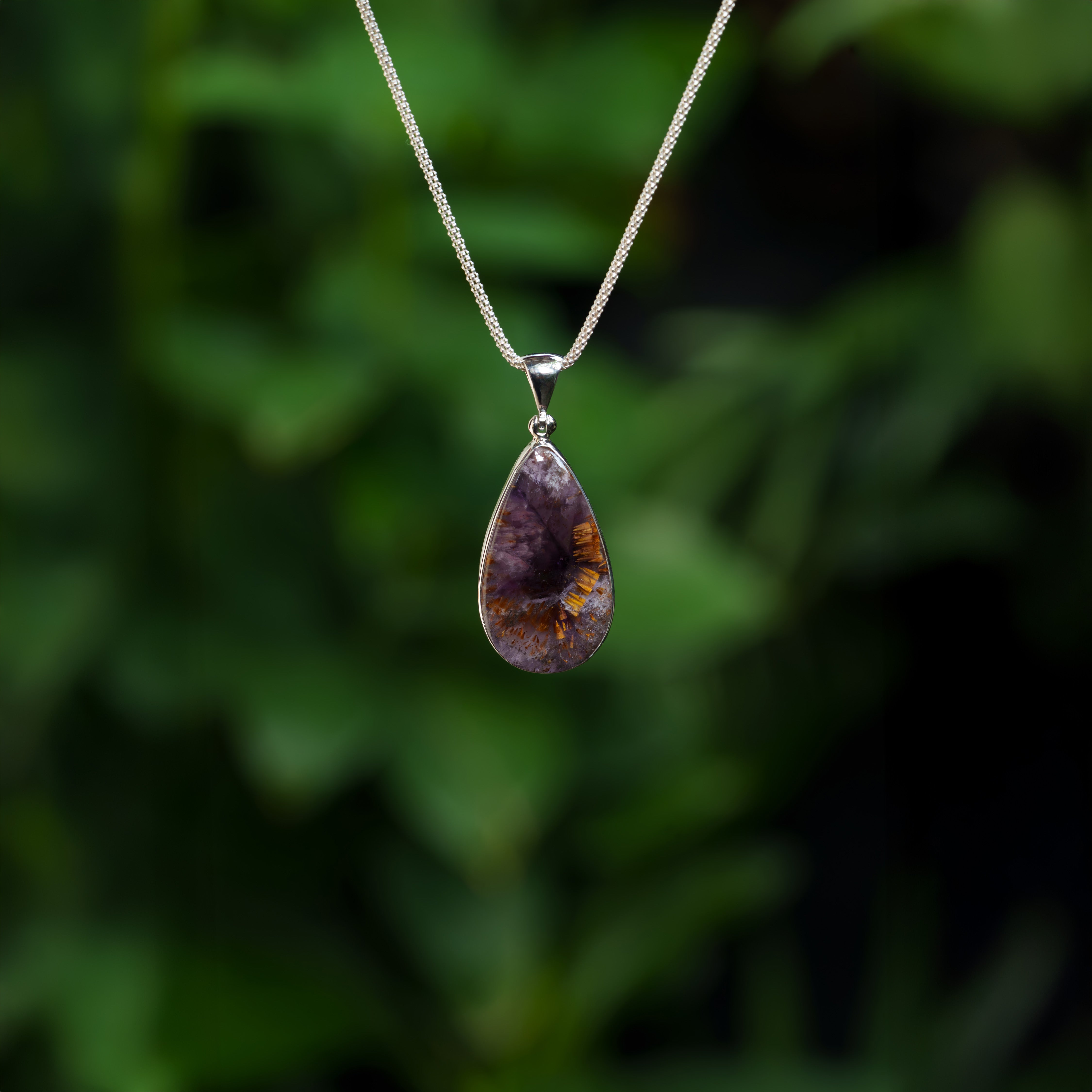 Starborn Amethyst Cacoxenite Pear Pendant in Sterling Silver