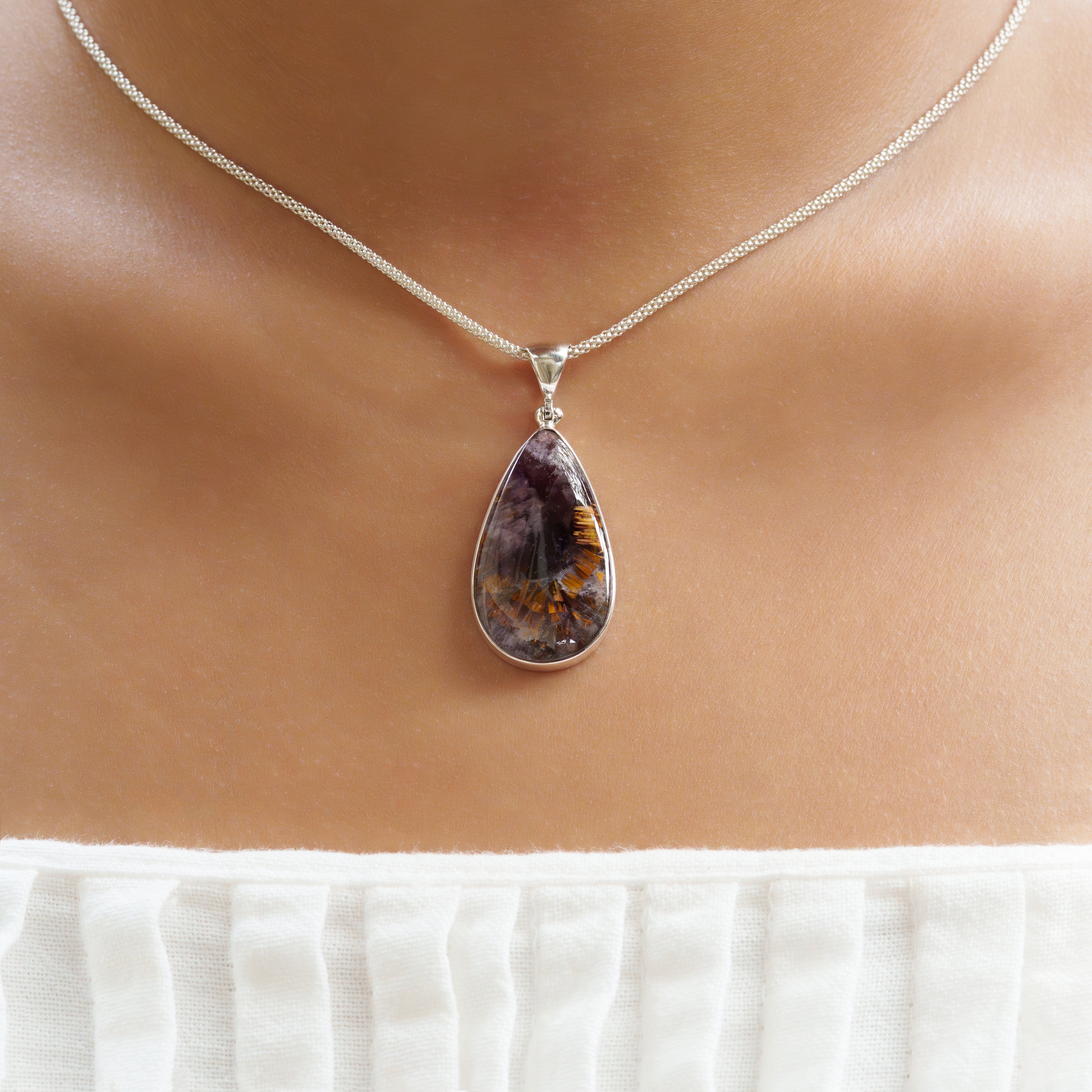 Starborn Amethyst Cacoxenite Pear Pendant in Sterling Silver