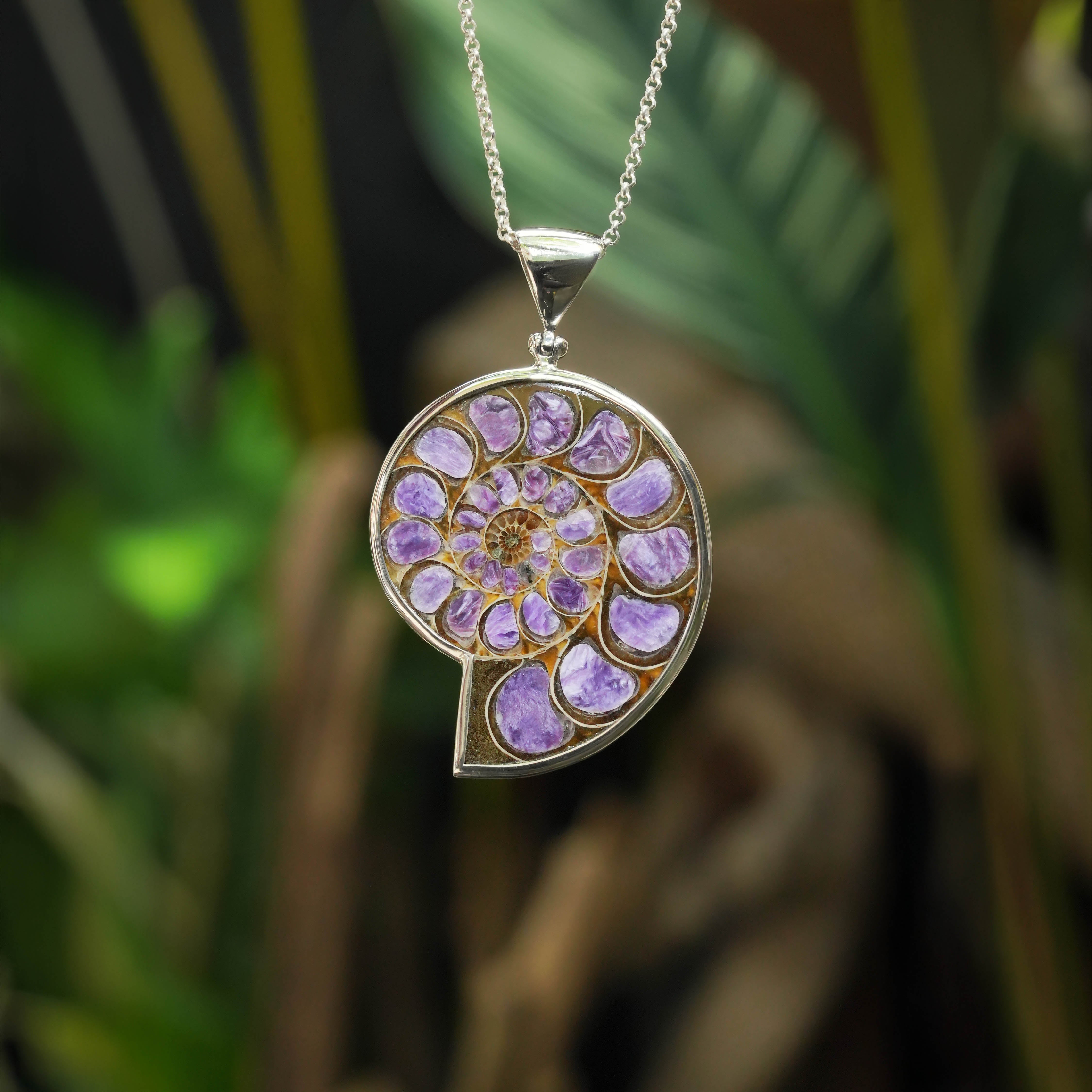 Starborn Ammonite with Charoite Inlay Pendant in Sterling Silver