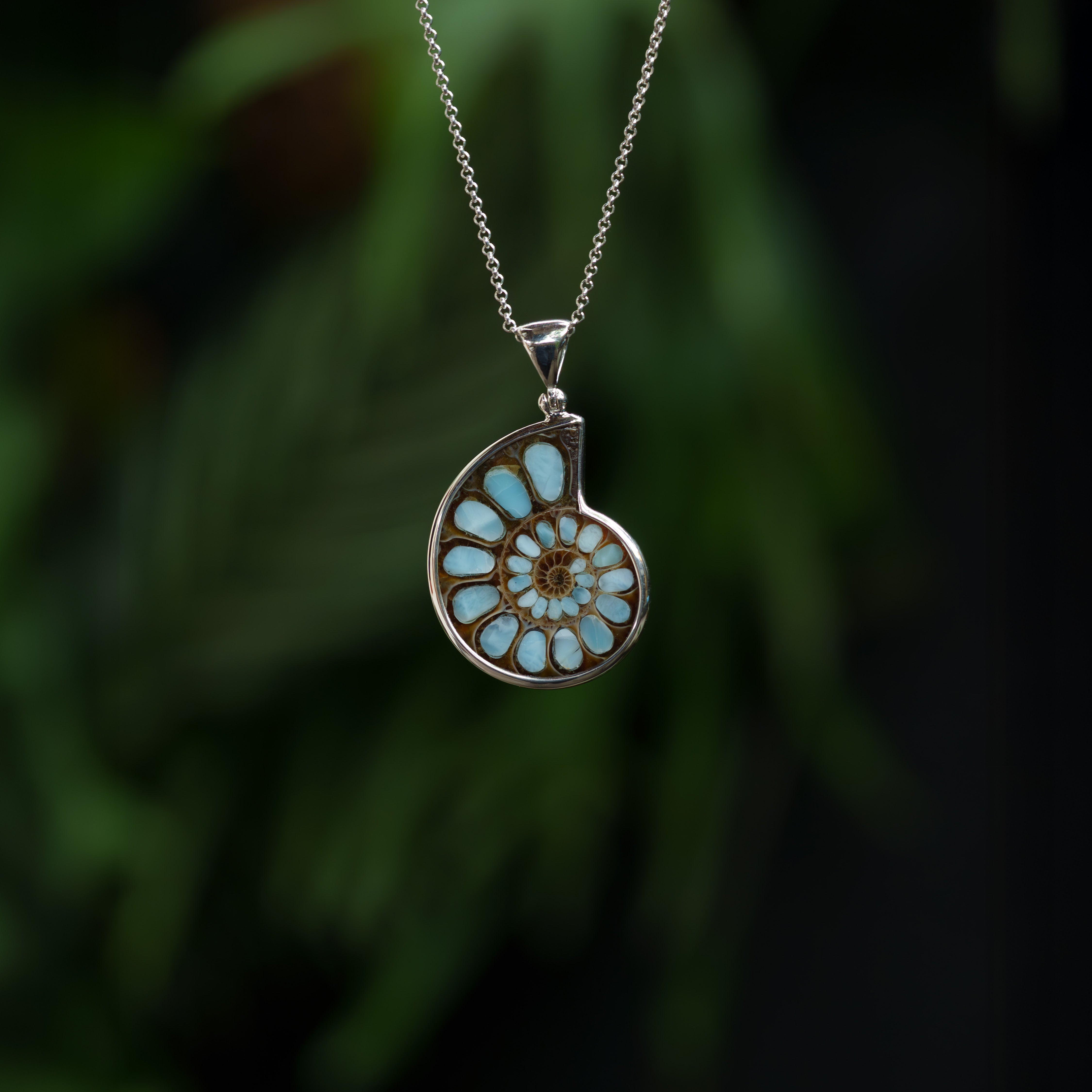 Starborn Ammonite with Larimar Inlay Pendant in Sterling Silver