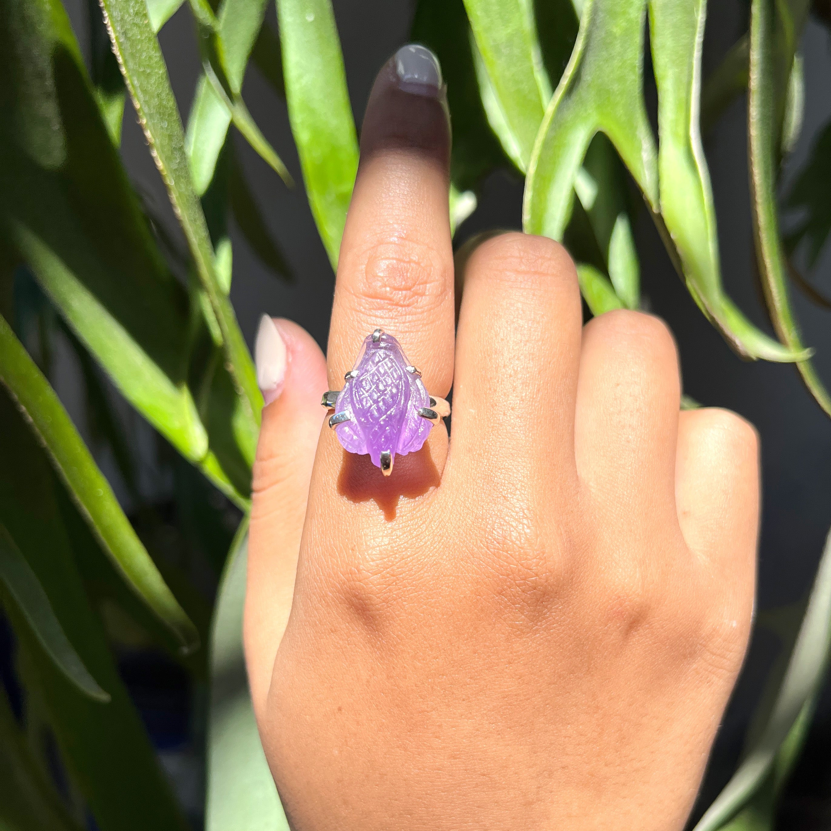 Starborn Hand-Carved Amethyst Snake Head Ring in Sterling Silver - Size 6