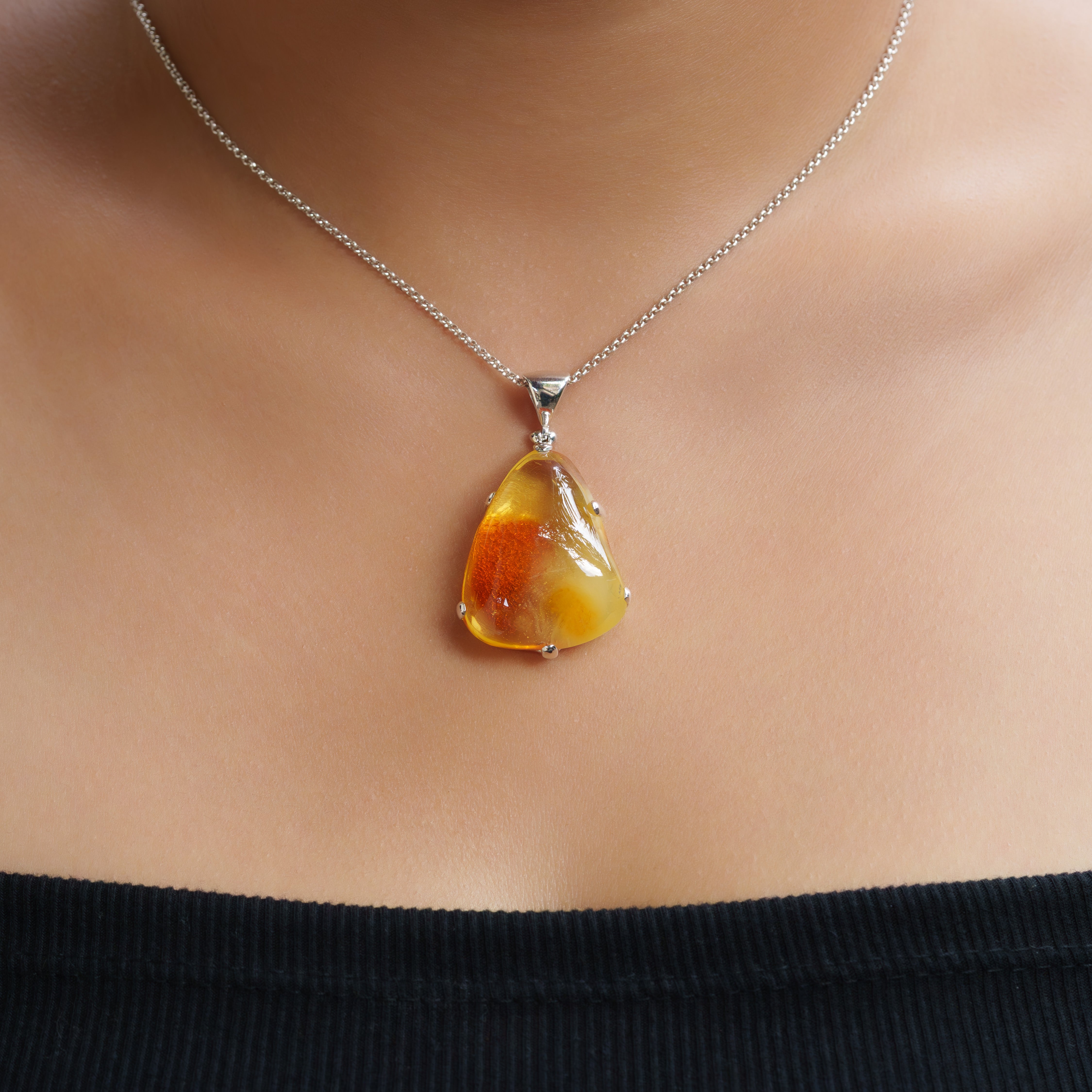 Starborn Freeform Baltic Amber Prongset Pendant in Fine Sterling Silver