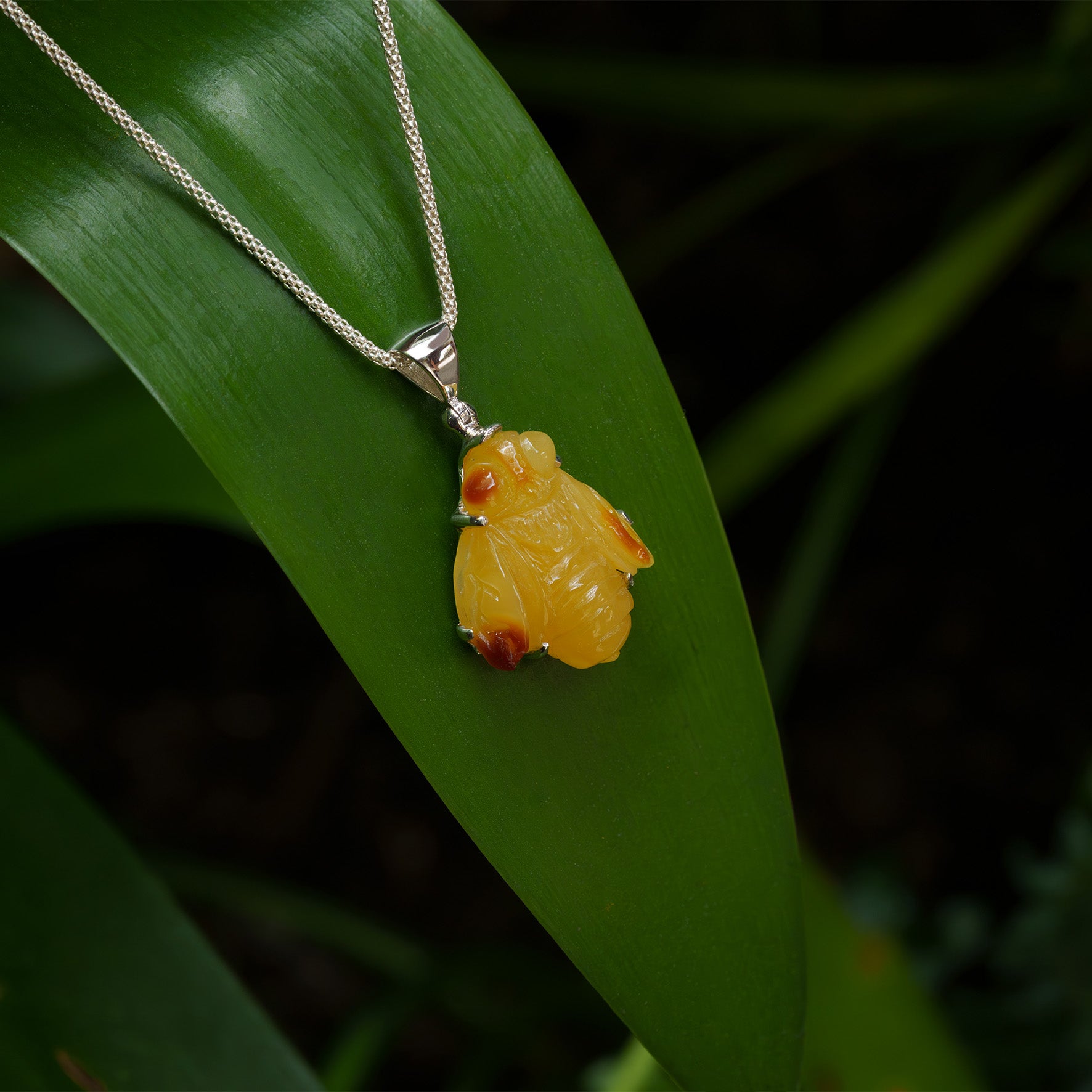Starborn Hand-Carved Baltic Amber Bee Pendant in Sterling Silver