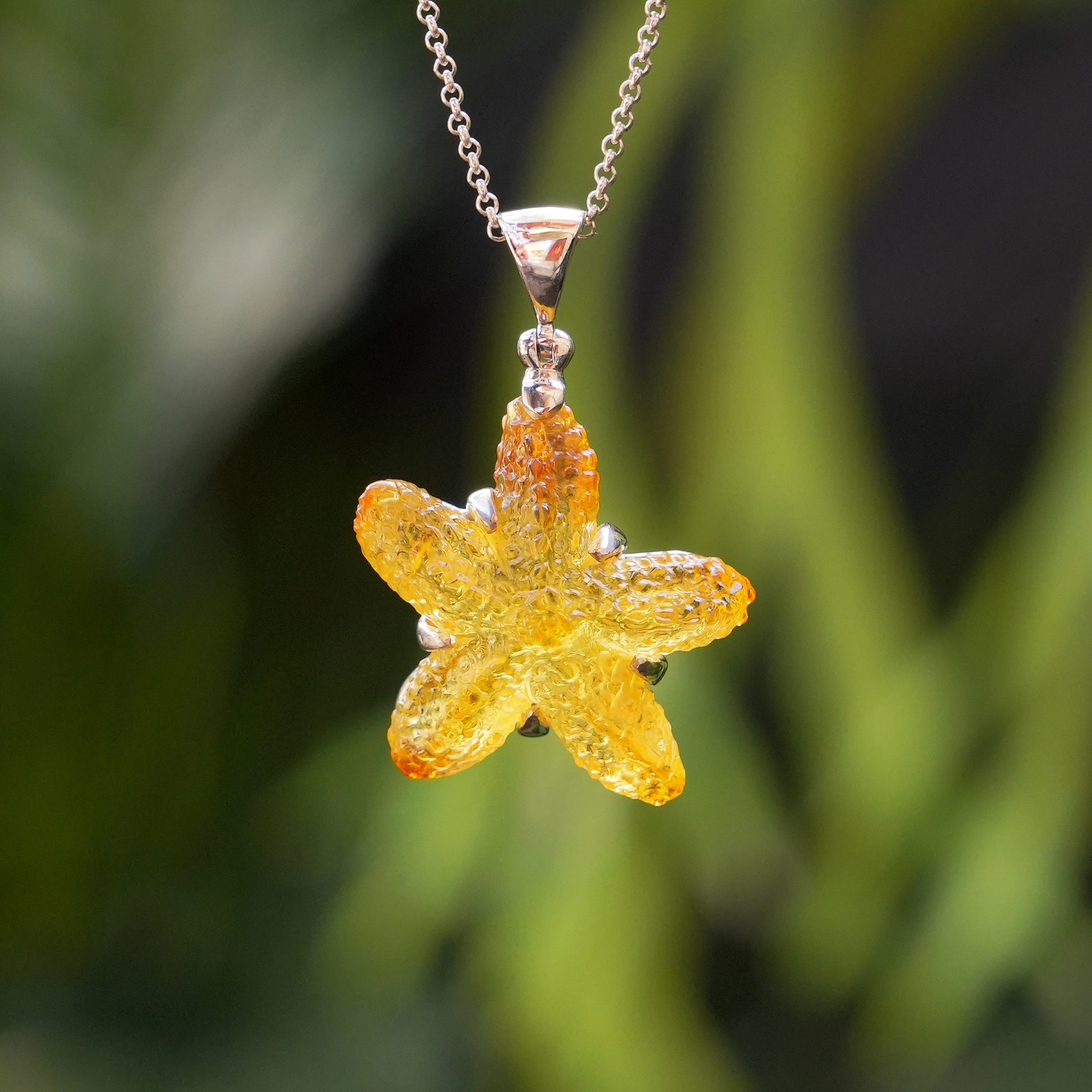 Starborn Hand Carved Baltic Amber Starfish Pendant in Sterling Silver