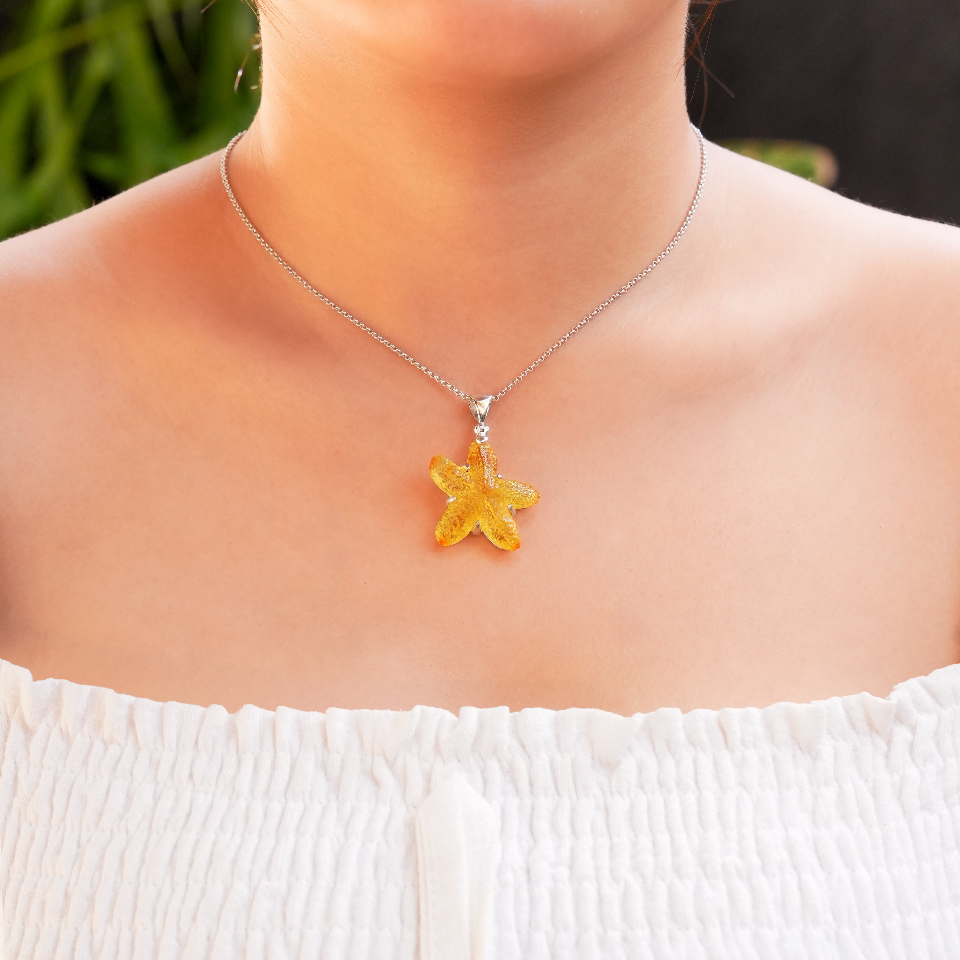 Starborn Hand Carved Baltic Amber Starfish Pendant in Sterling Silver