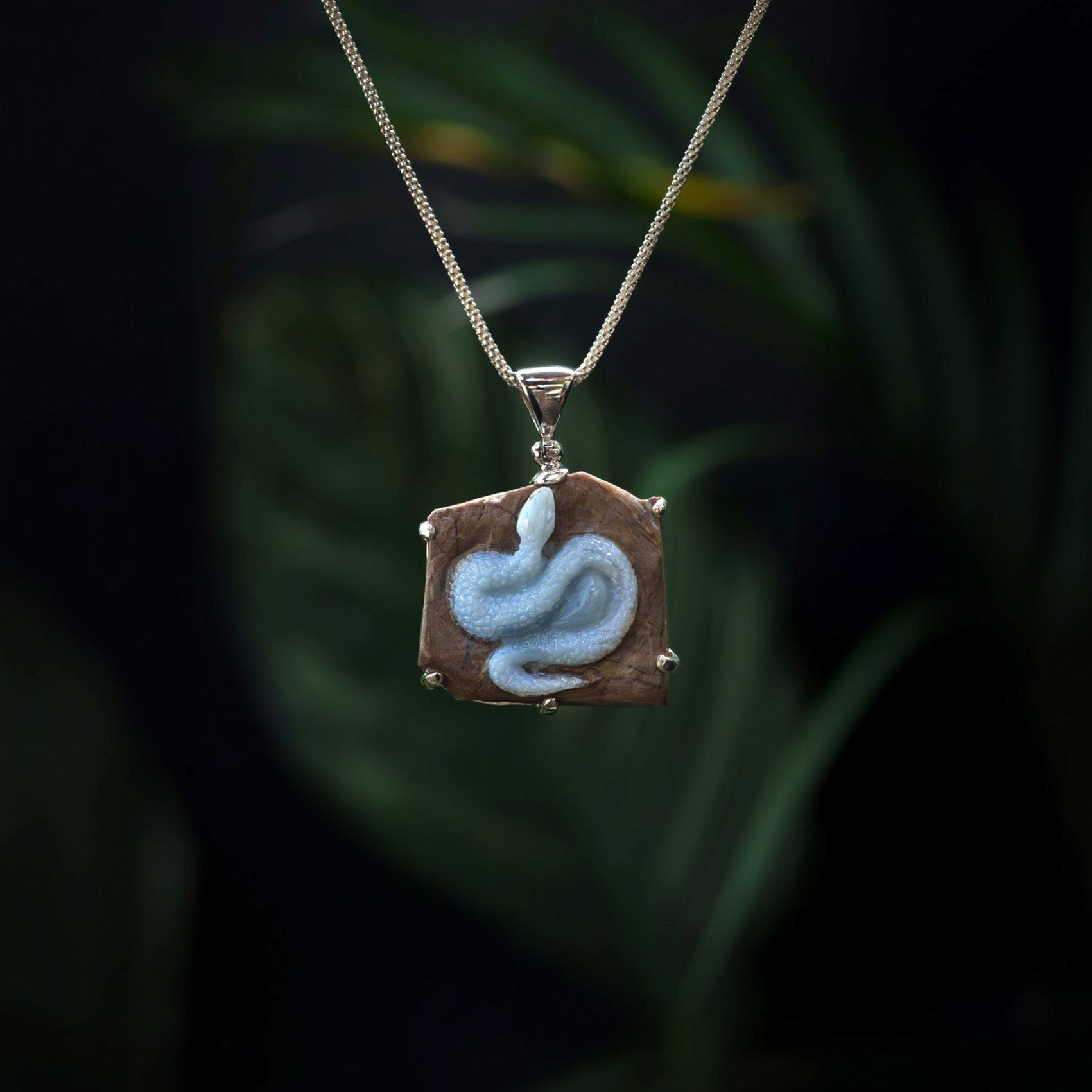 Starborn Owyhee Blue Opal Snake Carving Pendant in Sterling Silver - 1 Piece