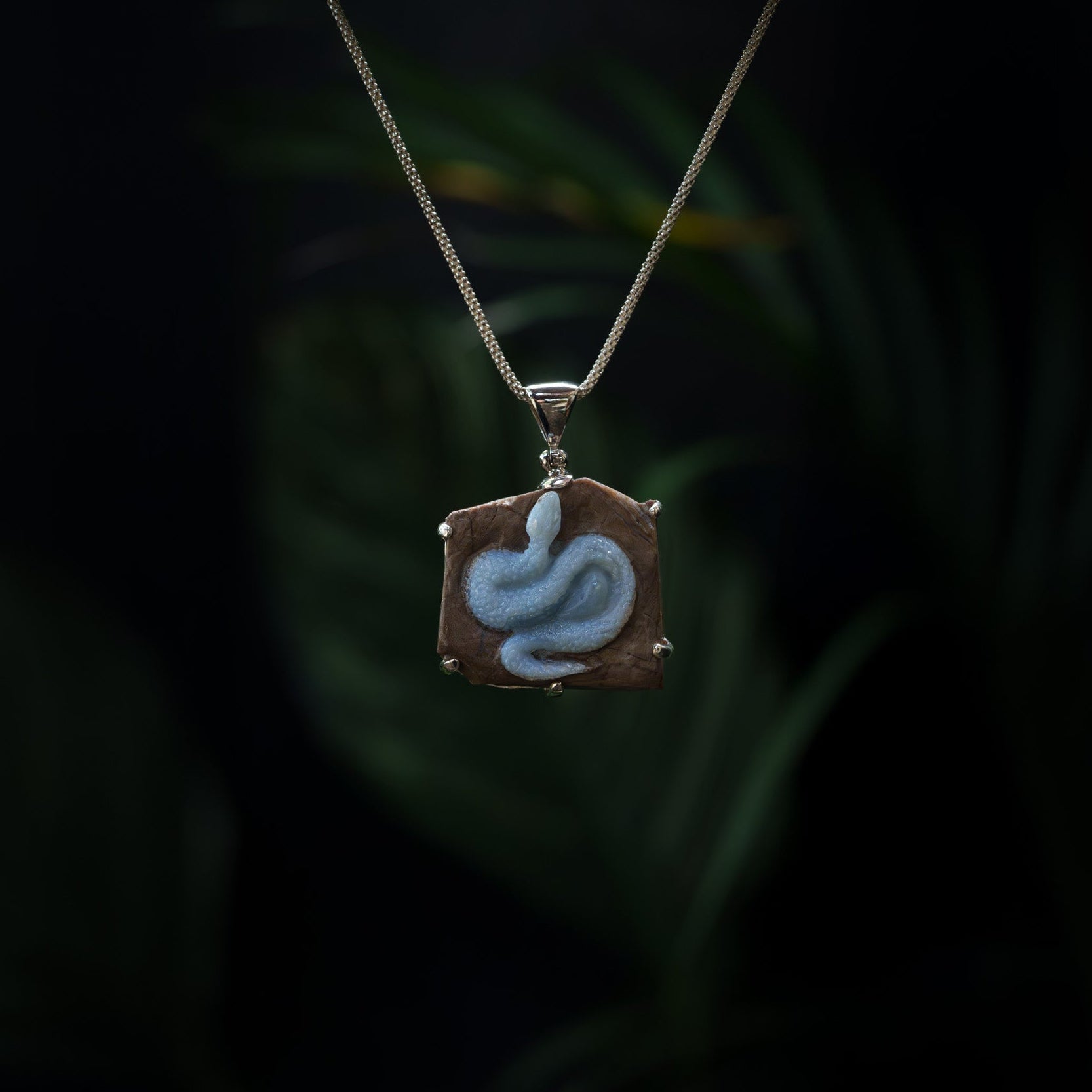 Starborn Owyhee Blue Opal Snake Carving Pendant in Sterling Silver - 1 Piece