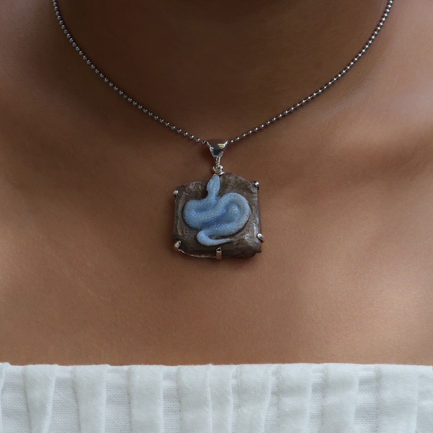 Starborn Owyhee Blue Opal Snake Carving Pendant in Sterling Silver - 1 Piece