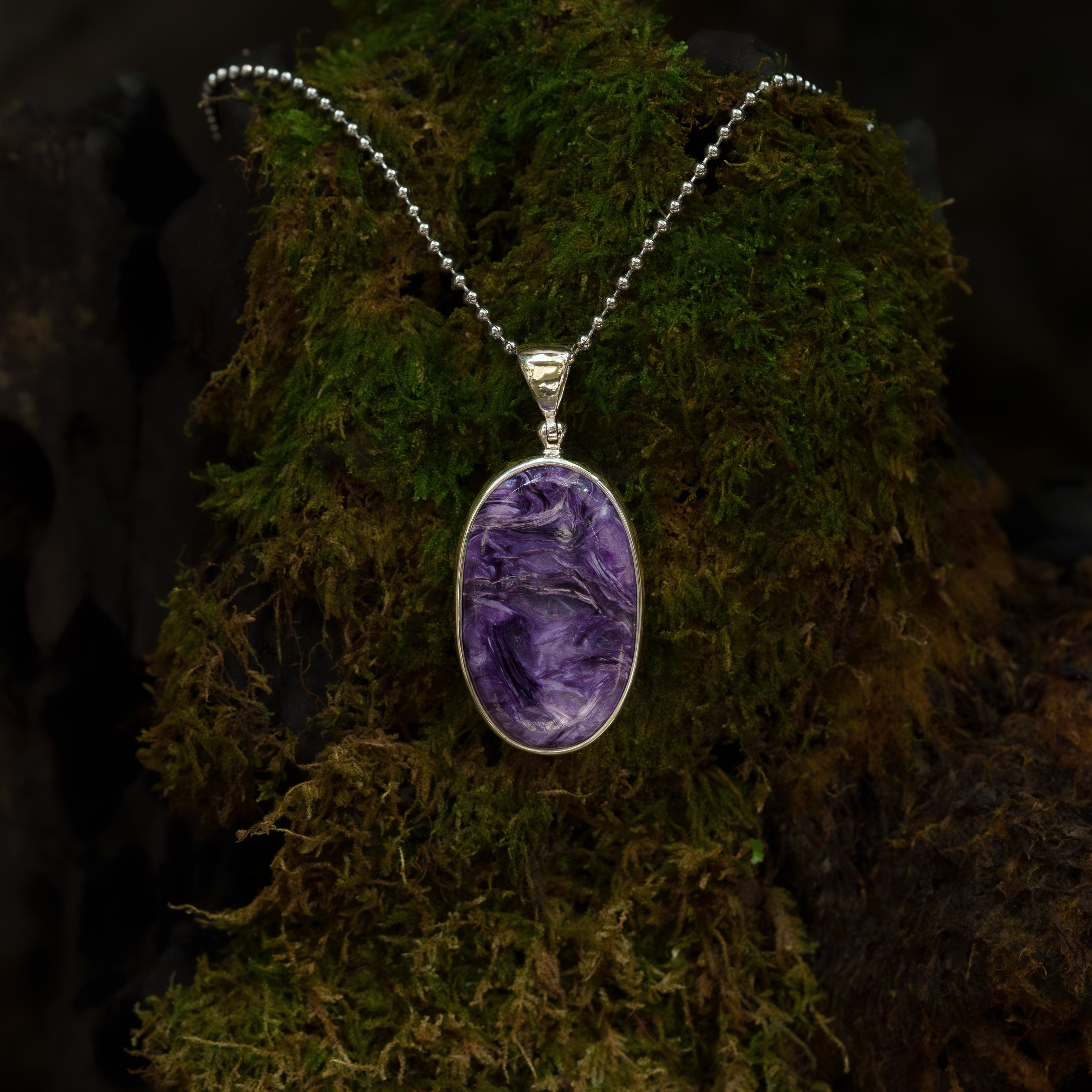 Starborn Charoite Oval Cabochon Pendant in Fine Sterling Silver