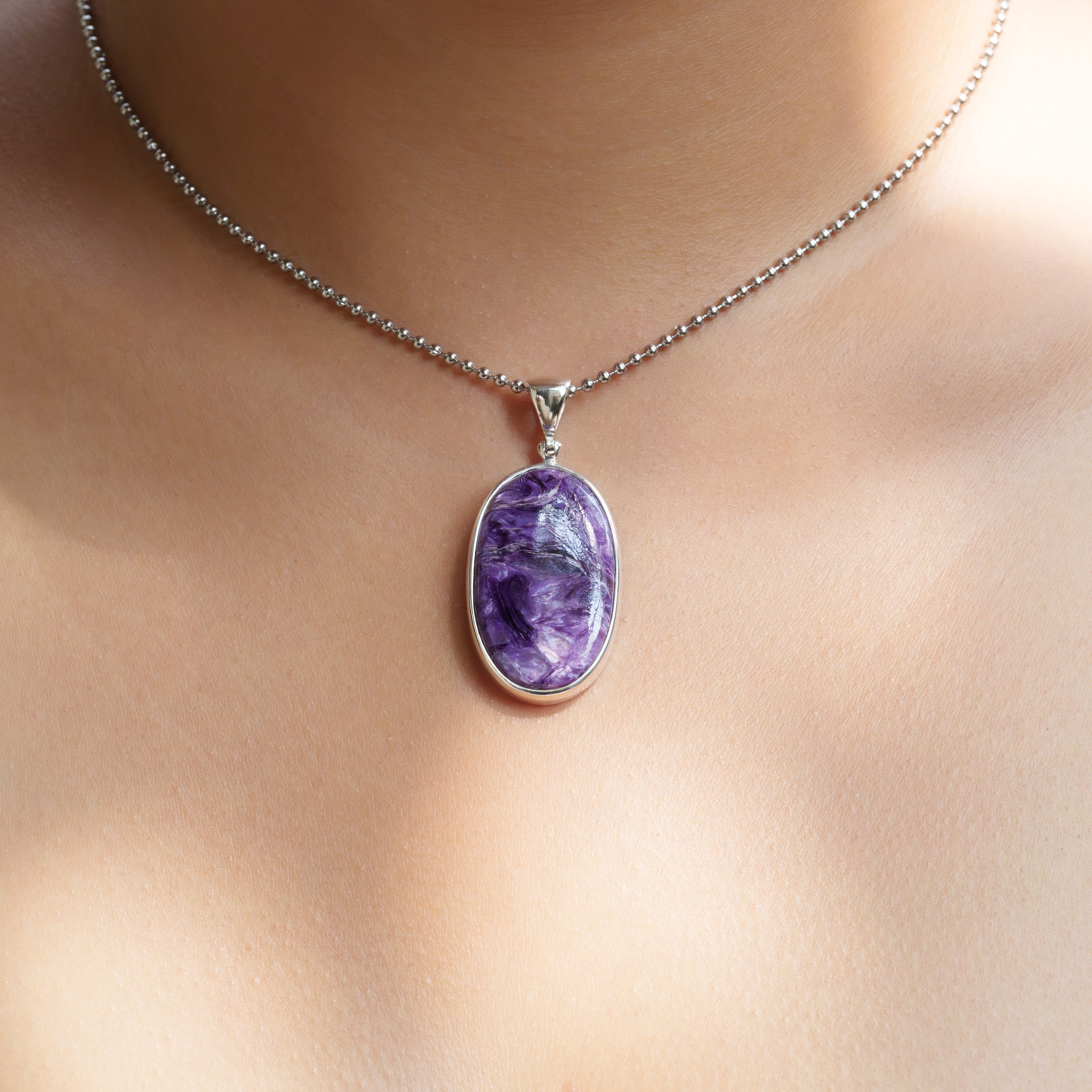 Starborn Charoite Oval Cabochon Pendant in Fine Sterling Silver