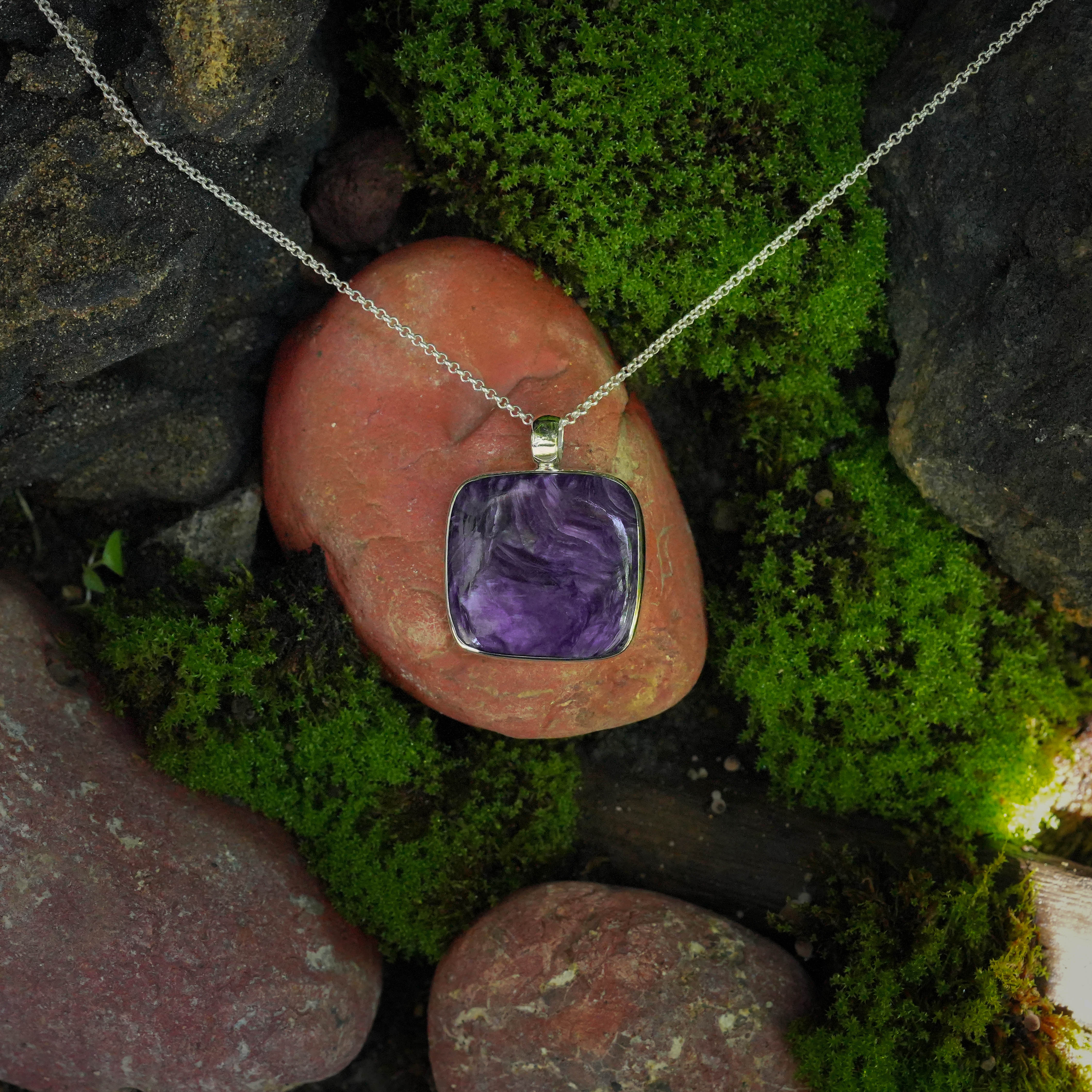 Starborn Charoite Square Pendant in Fine Sterling Silver