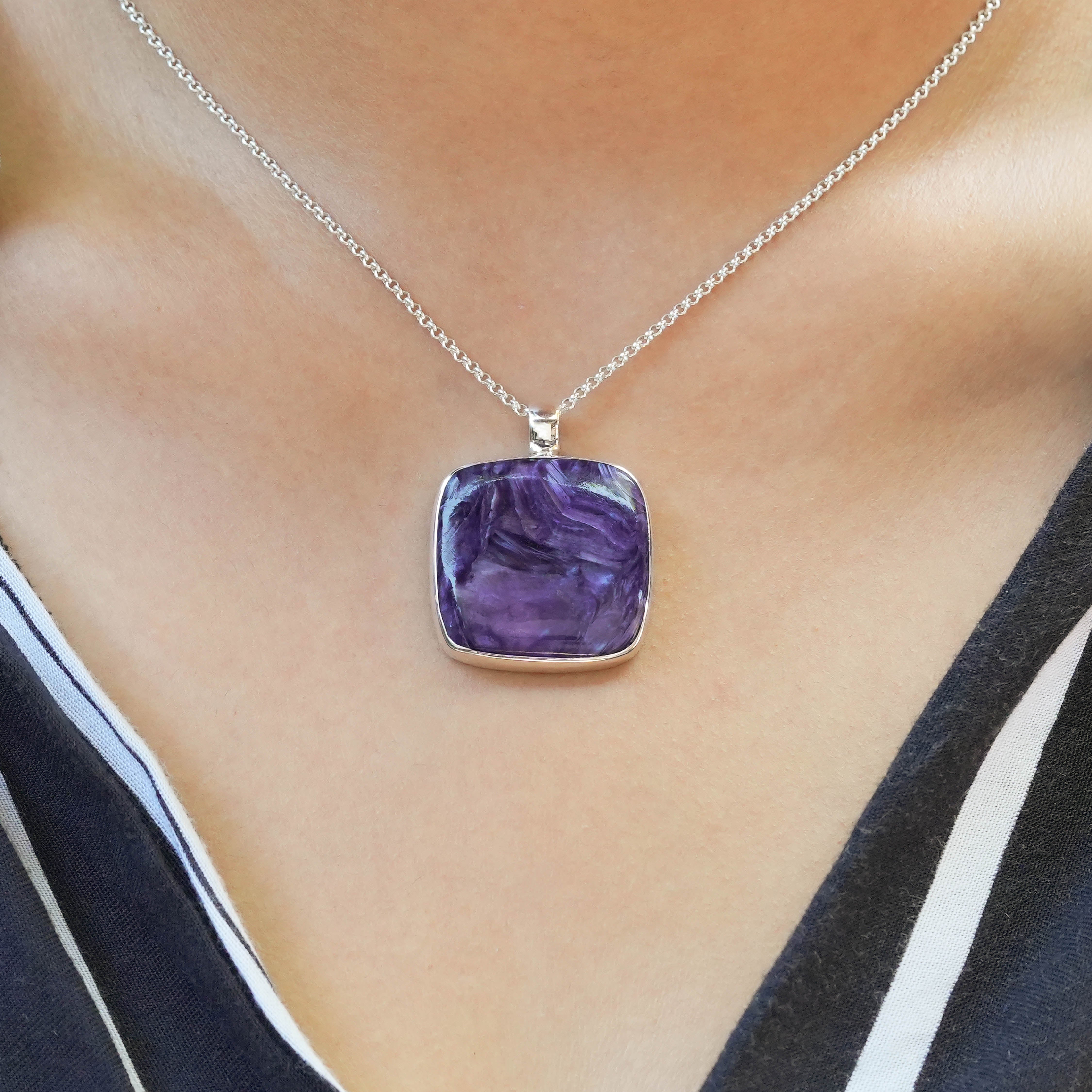 Starborn Charoite Square Pendant in Fine Sterling Silver